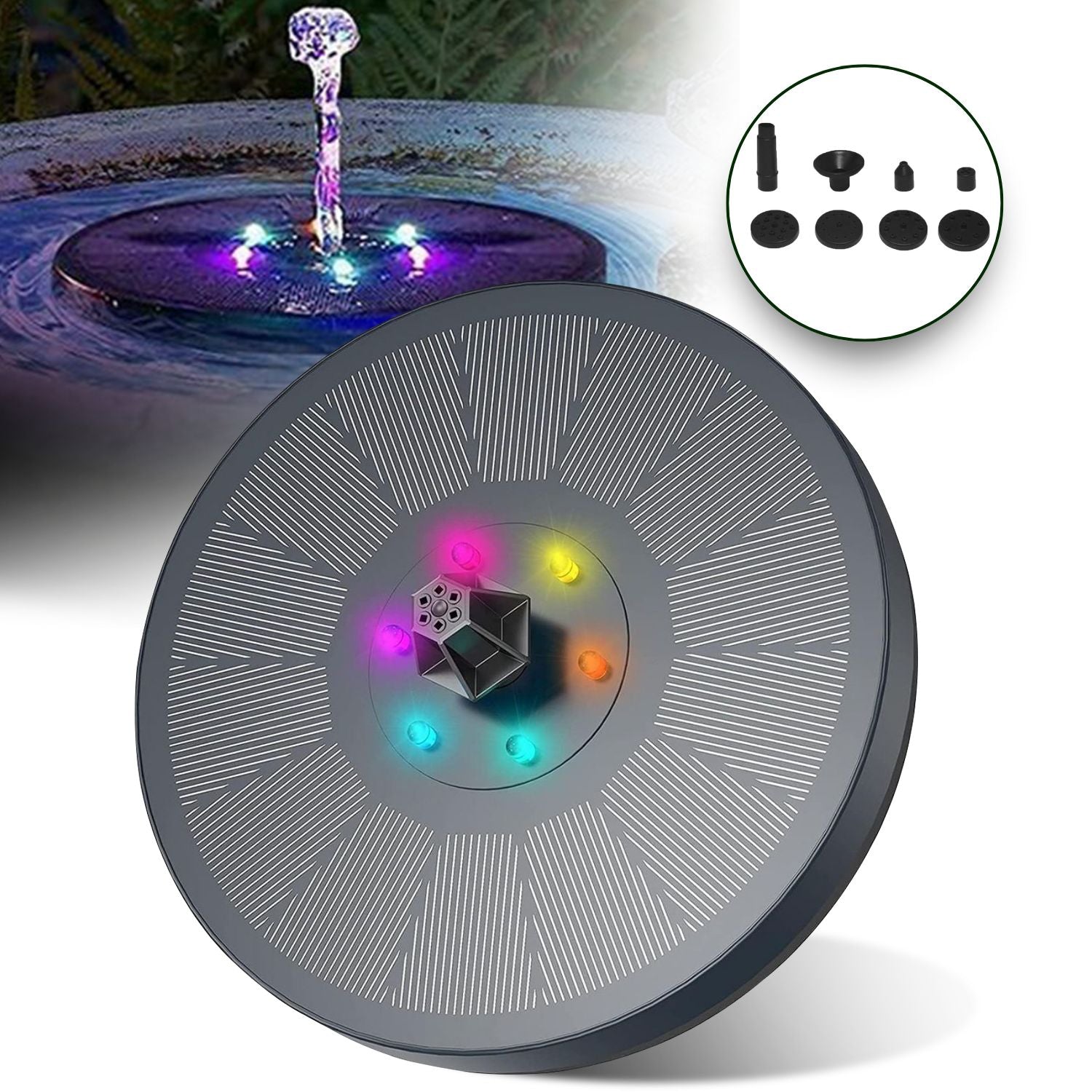 NOVEDEN Solar Fountain Water Pump for Bird Bath with RGB Color LED Lights (Black)