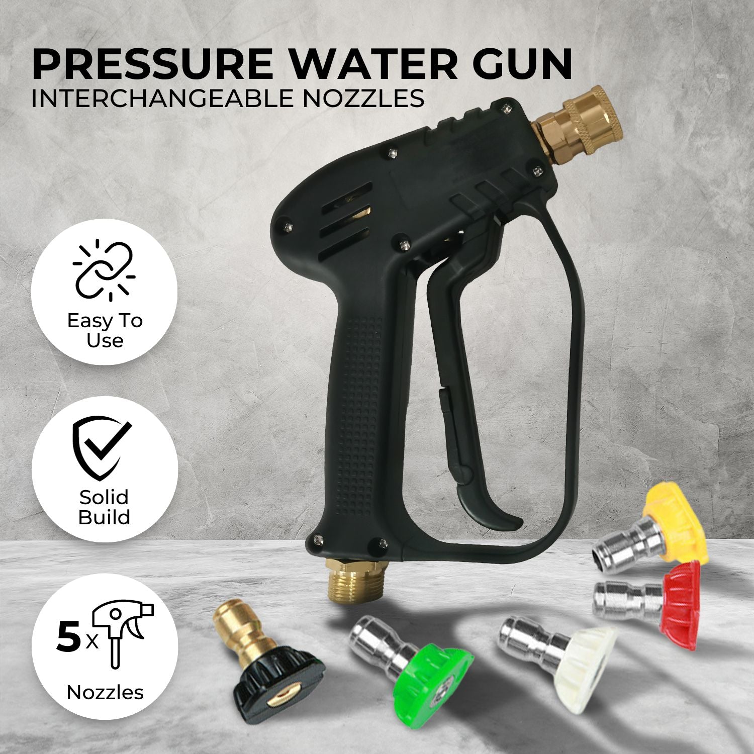 RYNOMATE 3000 PSI High Pressure Washer Gun with M22 Coupling and 5 Interchangeable Spray Nozzles (Black)
