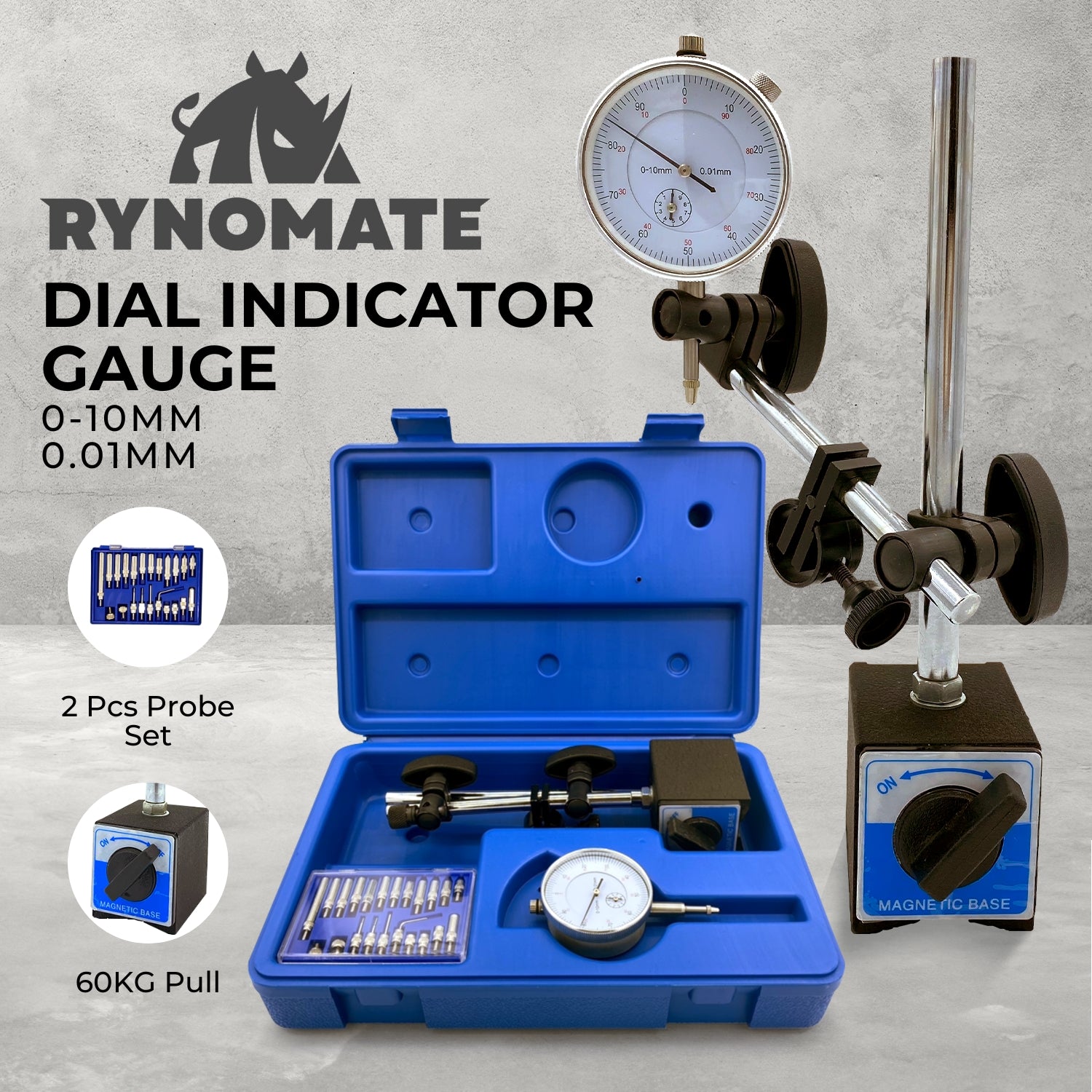 RYNOMATE Dial Indicator Gauge Magnetic Base with 22 Indicator Point Set (Blue)