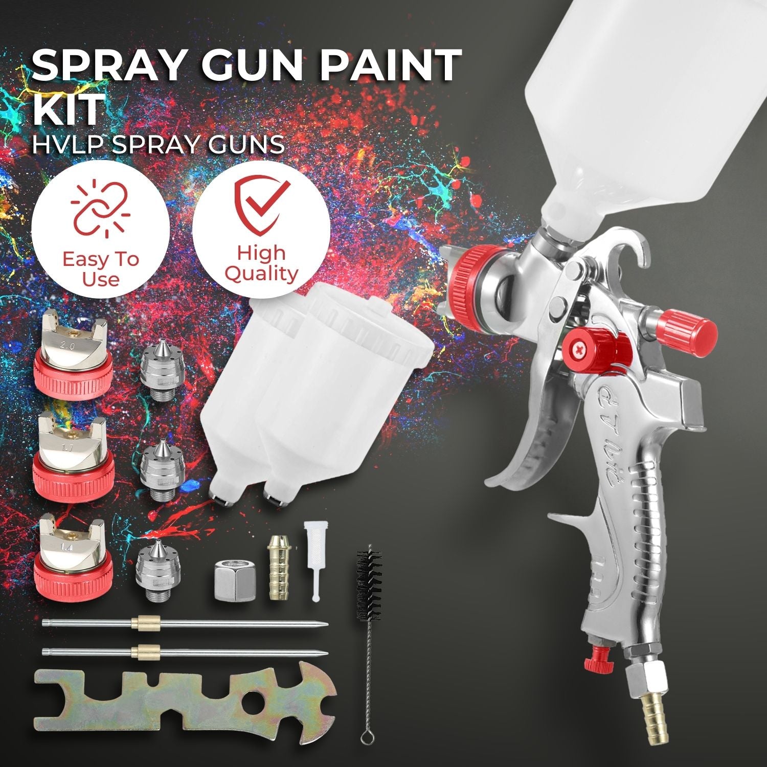 Gravity Feed Air Spray Paint Gun Kit with 3 Nozzle (Red) RNM-PSG-100-SK