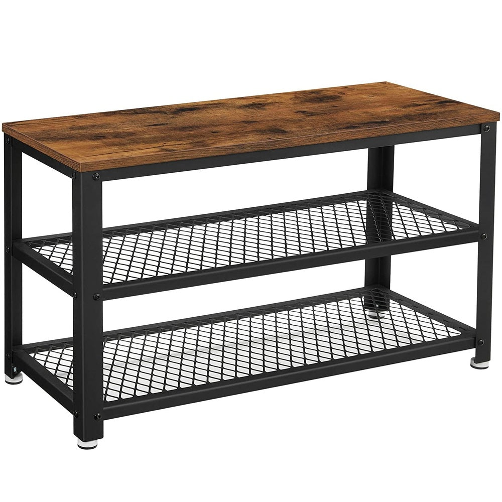 VASAGLE Shoe Bench with Seat Shoe Rack with 2 Mesh Shelves Rustic Brown and Black