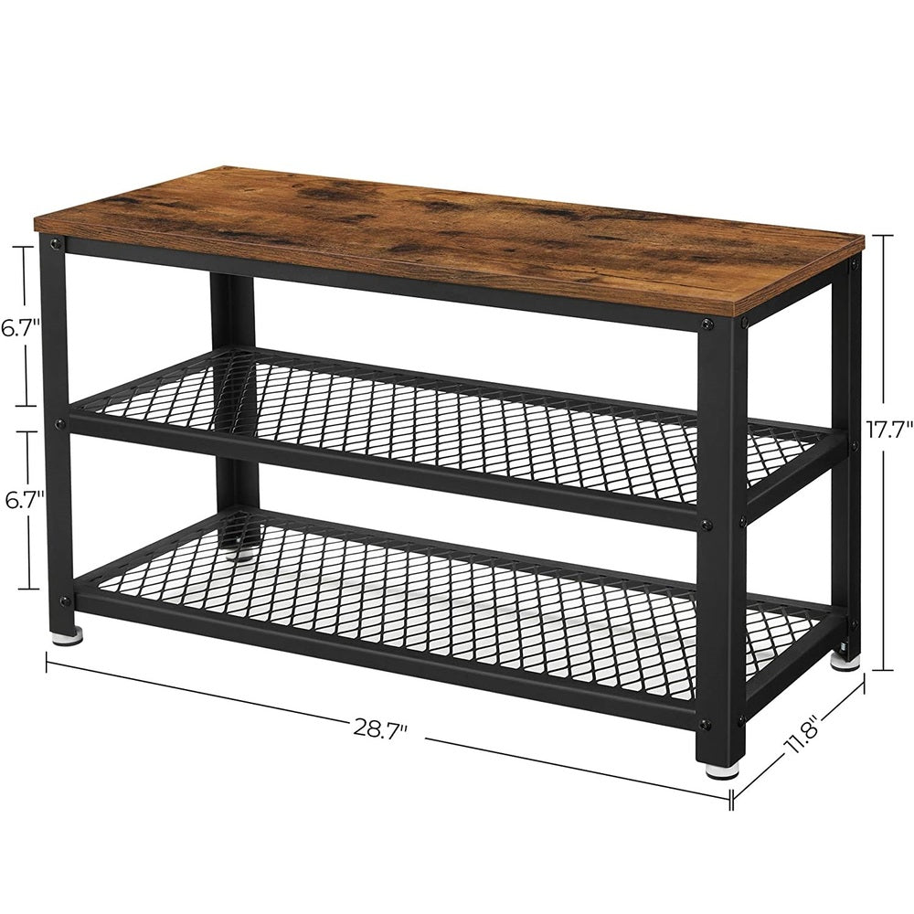 Shoe Bench with Seat Shoe Rack with 2 Mesh Shelves Rustic Brown and Black LBS73X