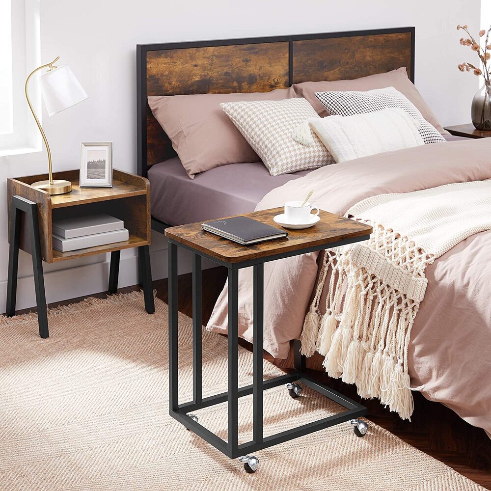 VASAGLE End Table Side Table Coffee Table with Steel Frame and Castors Rustic Brown and Black