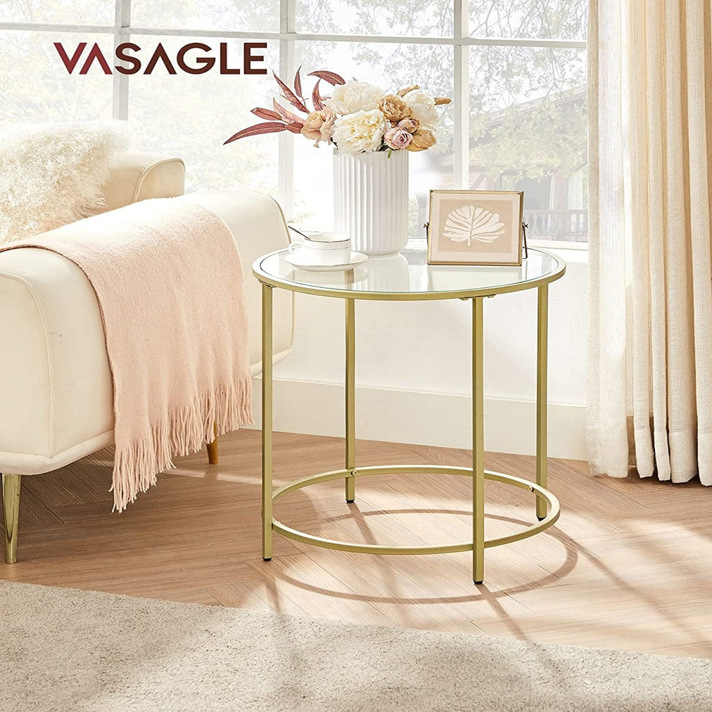 VASAGLE Round Side Tables Set of 2 Tempered Glass with Steel Frame Gold