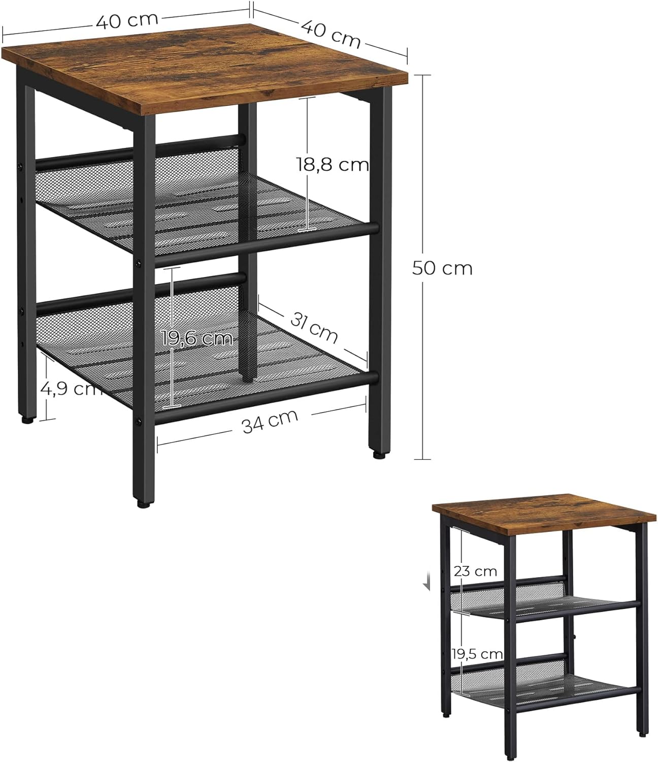 VASAGLE Side Table Set Nightstand Industrial Set of 2 Bedside Tables with Adjustable Mesh Shelves Rustic Brown and Black