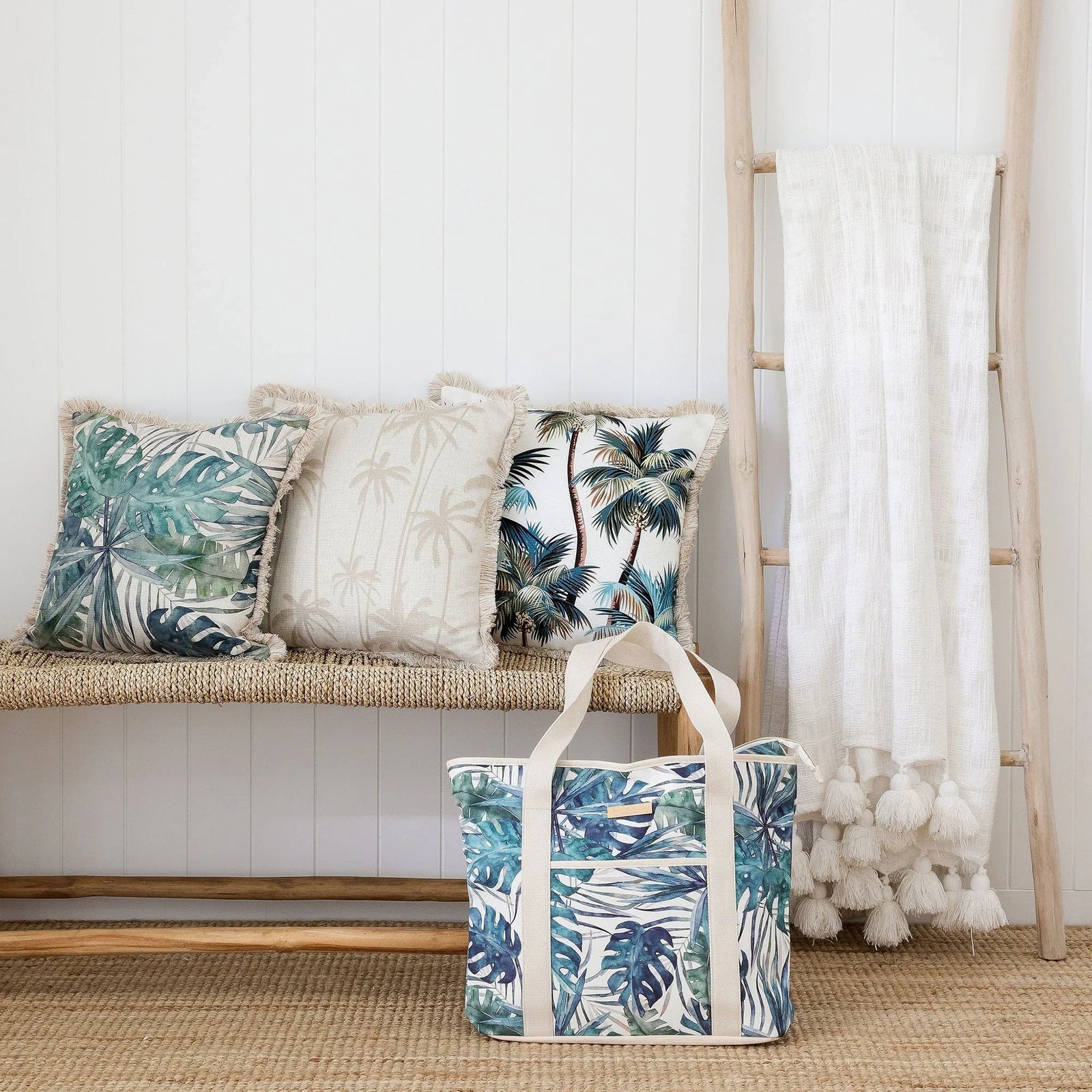 Cushion Cover-Coastal Fringe Natural-Palm Trees White-45cm x 45cm