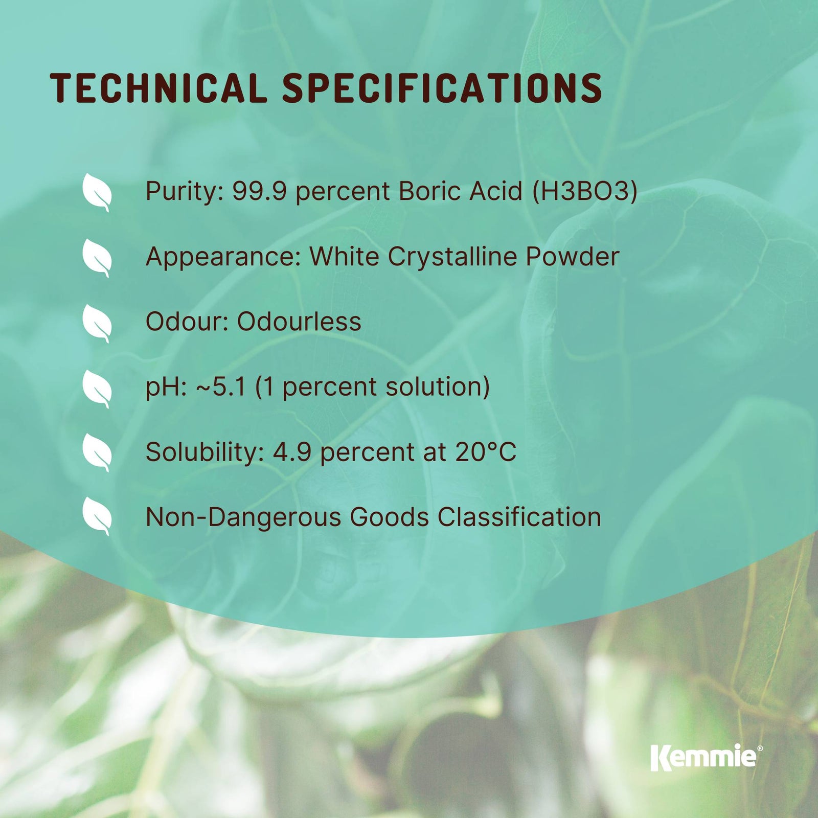 Kemmie 10Kg Boric Acid Powder 99.9% Pure - Soluble Orthoboric Acid H3BO3