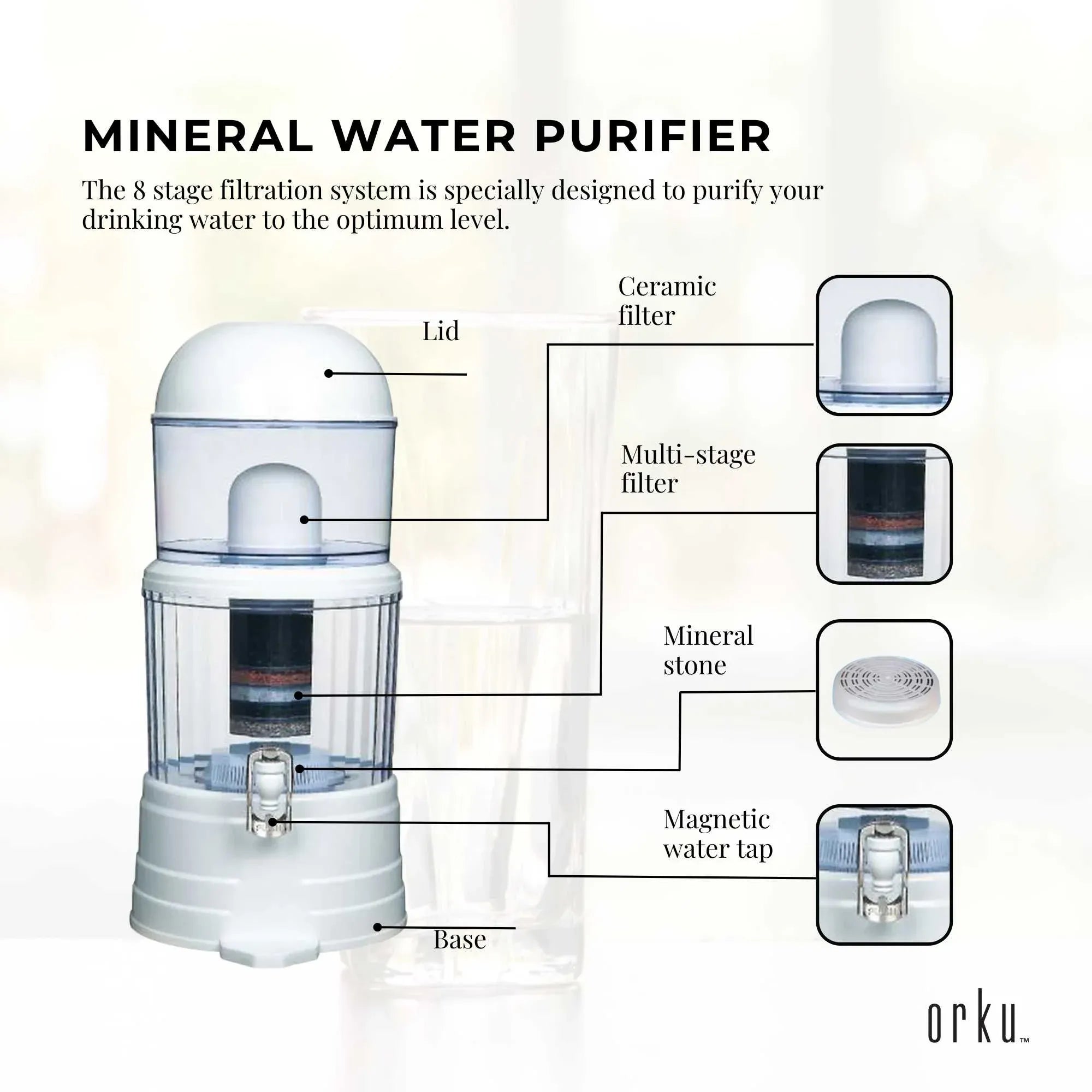 Orku 16L Benchtop Water Filters - 8 Stage Mineral Gravity Filtration System
