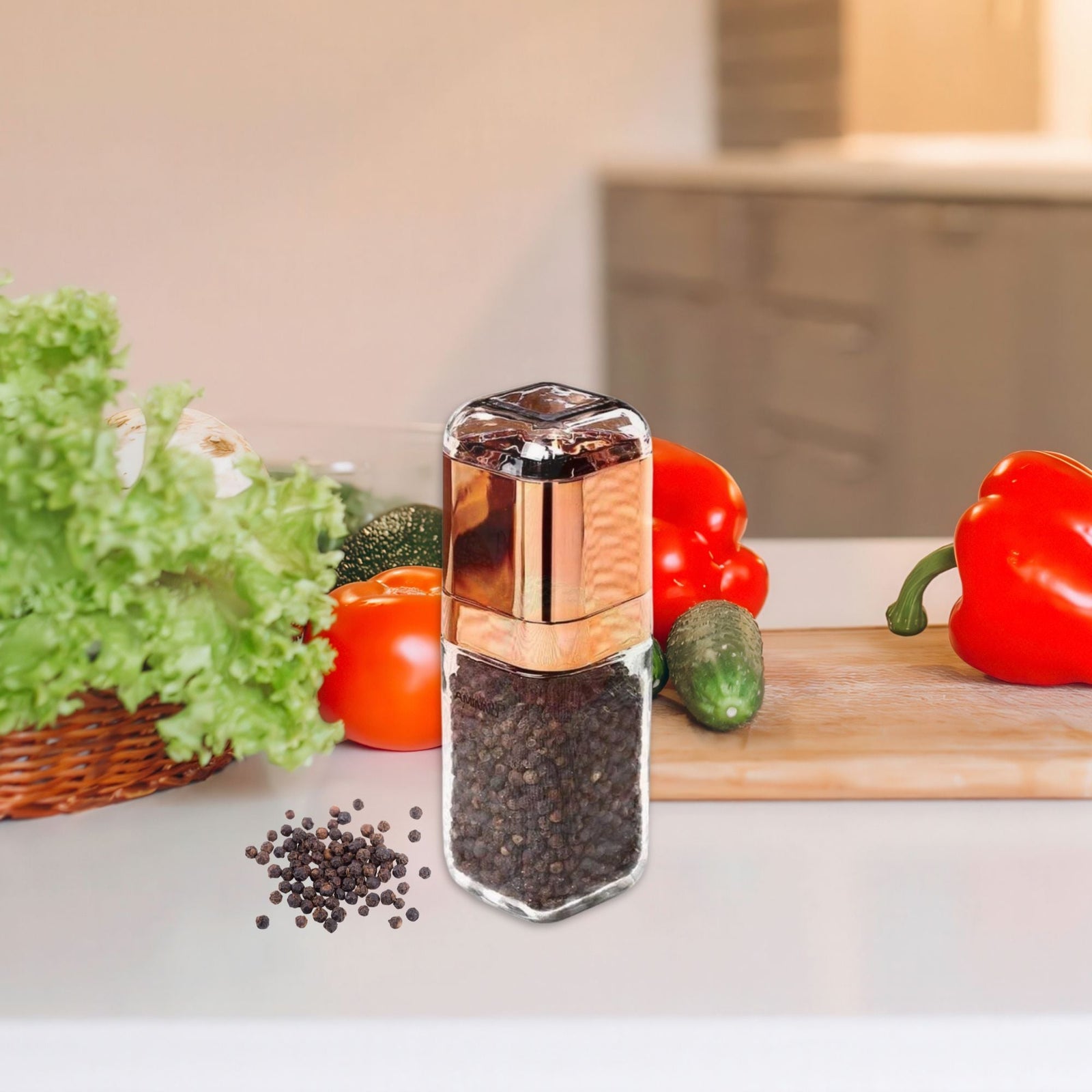 Salt and Pepper Grinder - 180ml Glass Design + Rose Gold Bottle Manual Hand Mill