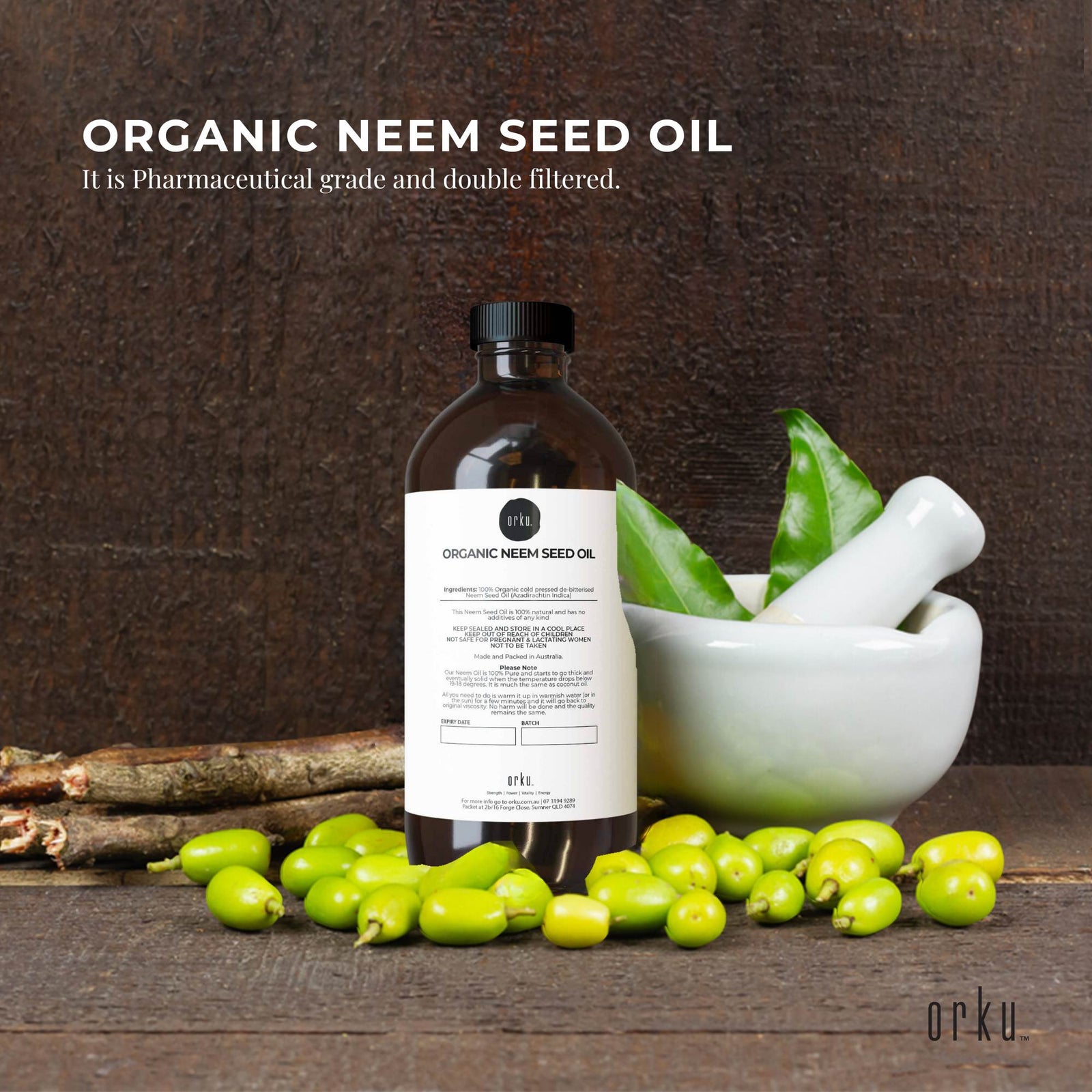 Orku 1L Organic Neem Seed Oil - Debitterised Cold Pressed Azadirachtin Indica