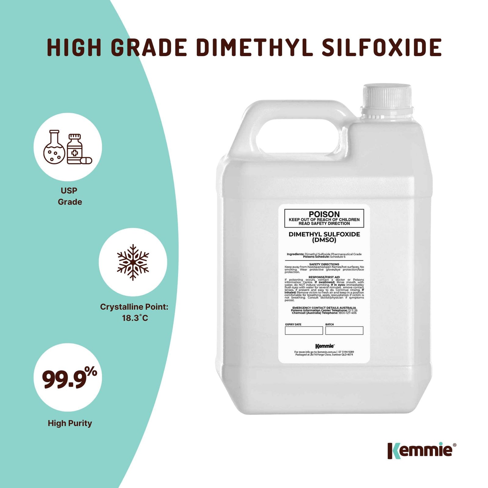 Kemmie 5L DMSO Liquid 99.9% Pure USP Grade Dimethyl Sulfoxide Solvent Bulk