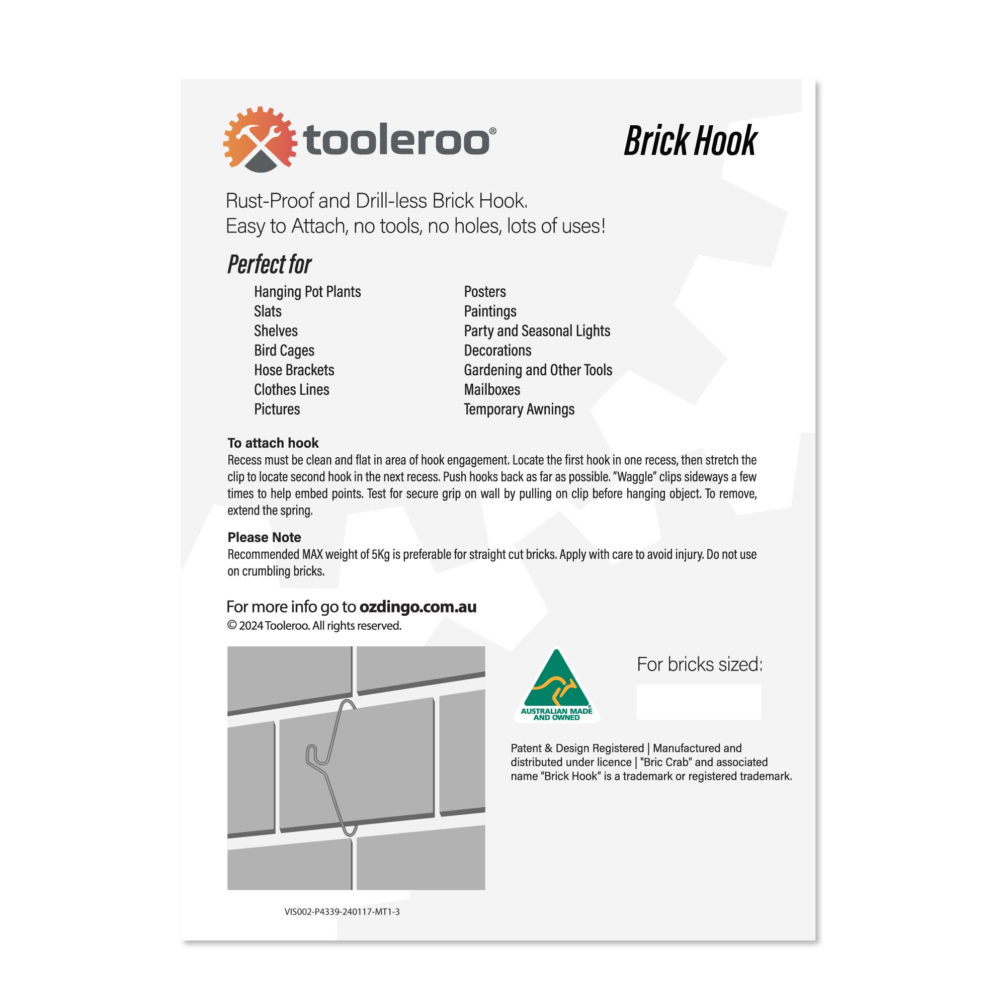 5 Pack 65mm 2.5" Brick Hooks - Wall Crab Clips Hangers For Pictures Plants