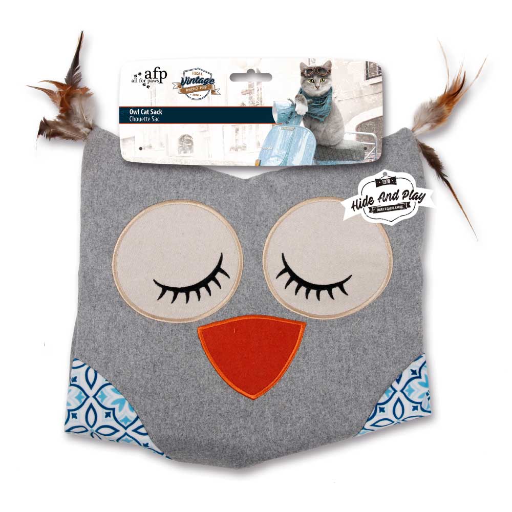 Cat Sack Crinkle Toys - Grey Owl + Hide Play Bag Teaser Vintage