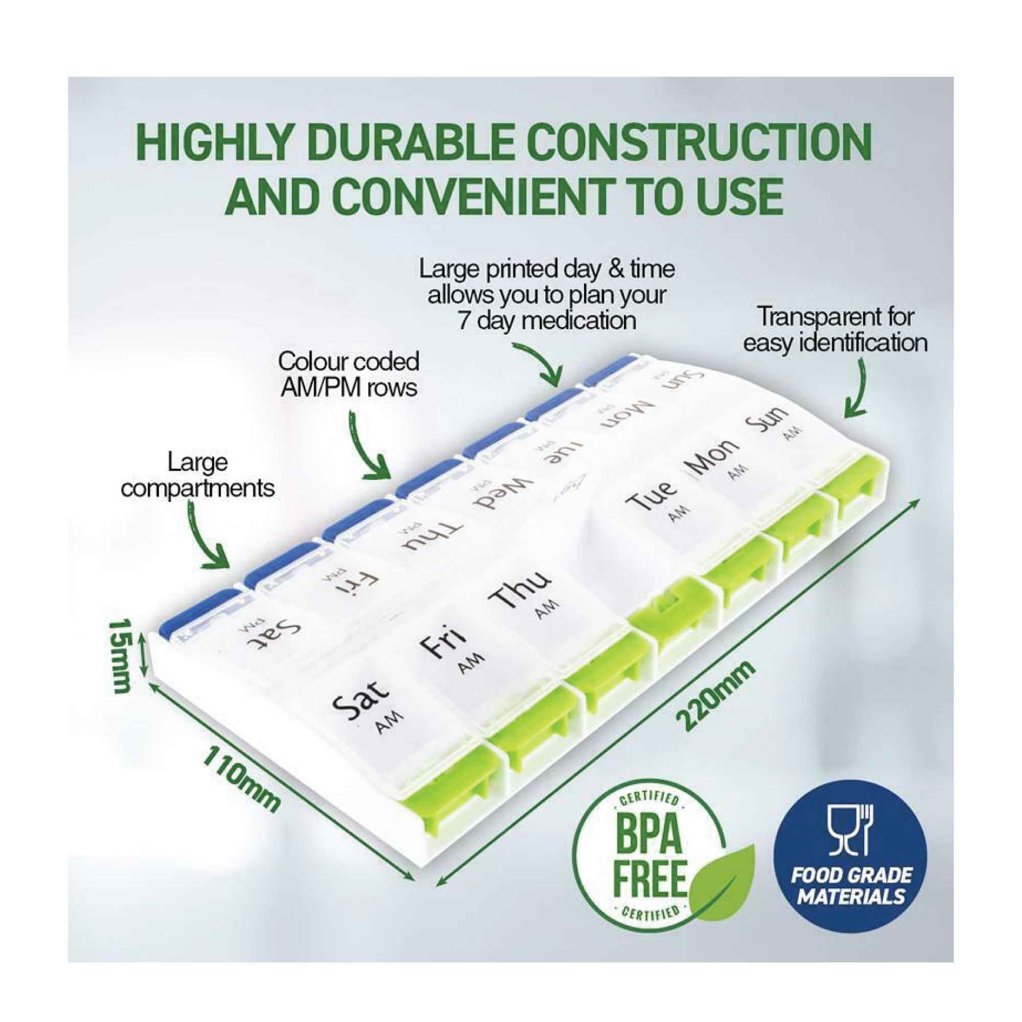 Weekly AM/PM One-Touch Push-button Pill Box comes with 14 individual compartments
