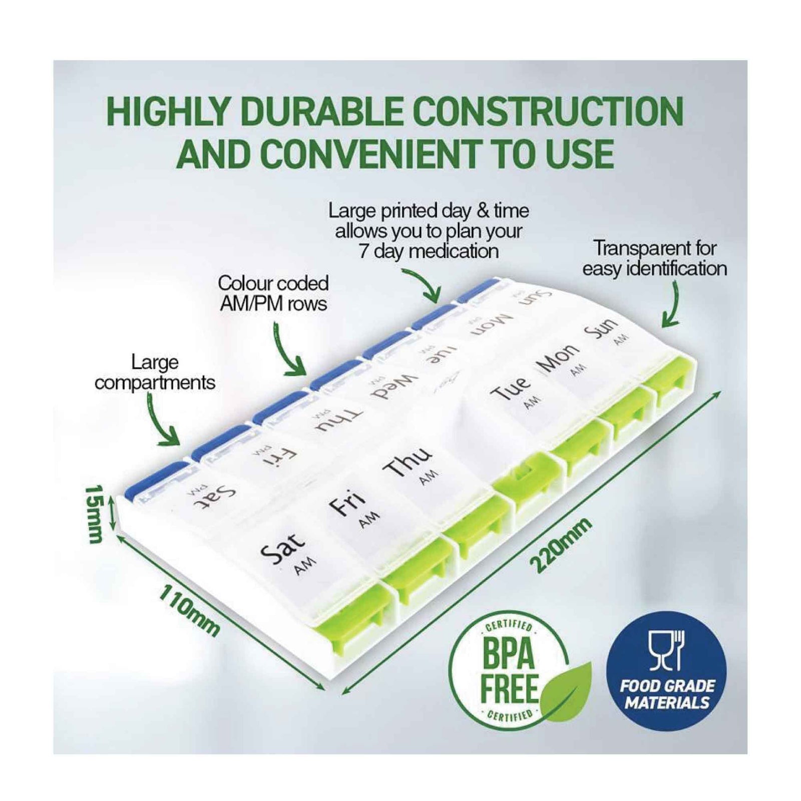Weekly AM/PM One-Touch Push-button Pill Box comes with 14 individual compartments
