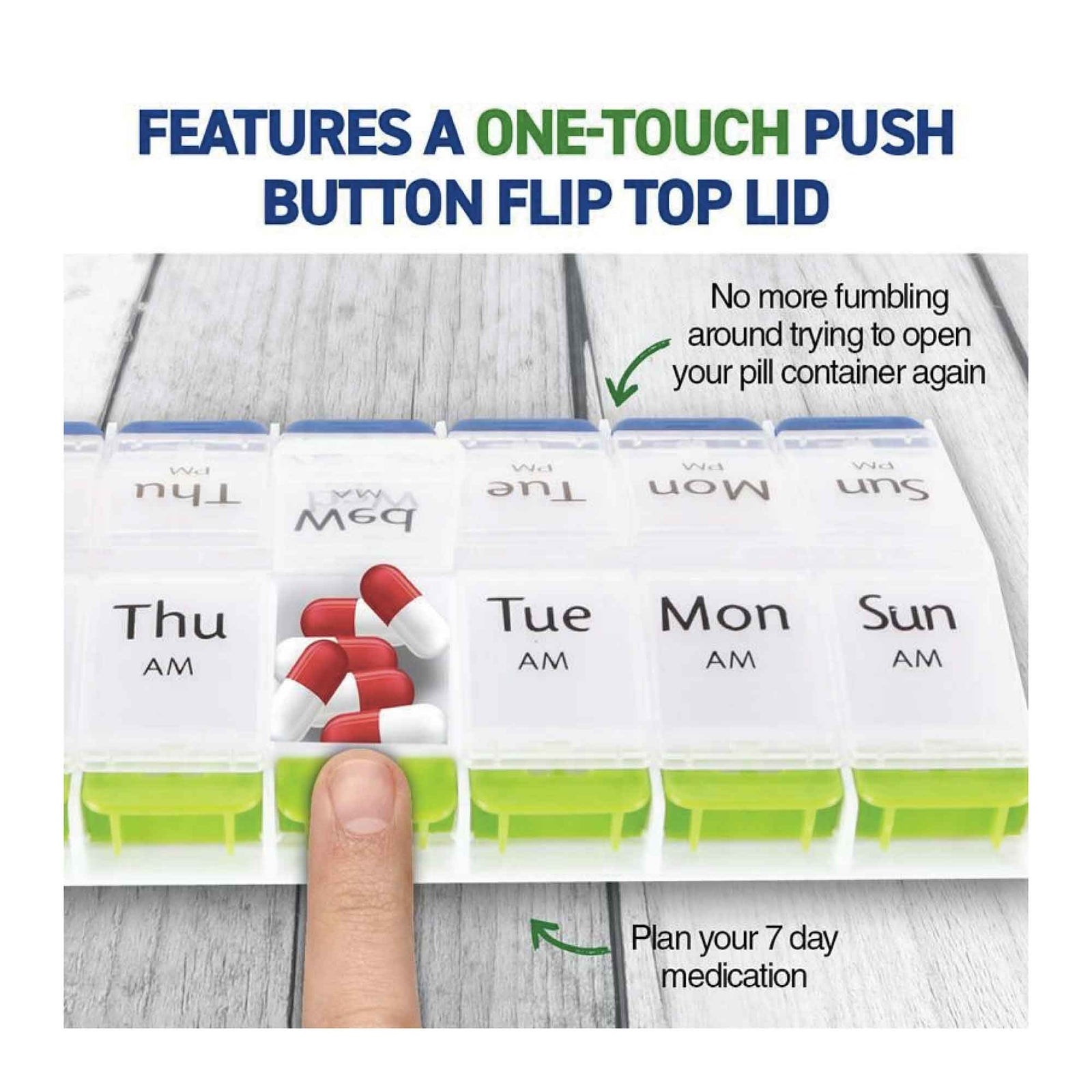 Weekly AM/PM One-Touch Push-button Pill Box comes with 14 individual compartments