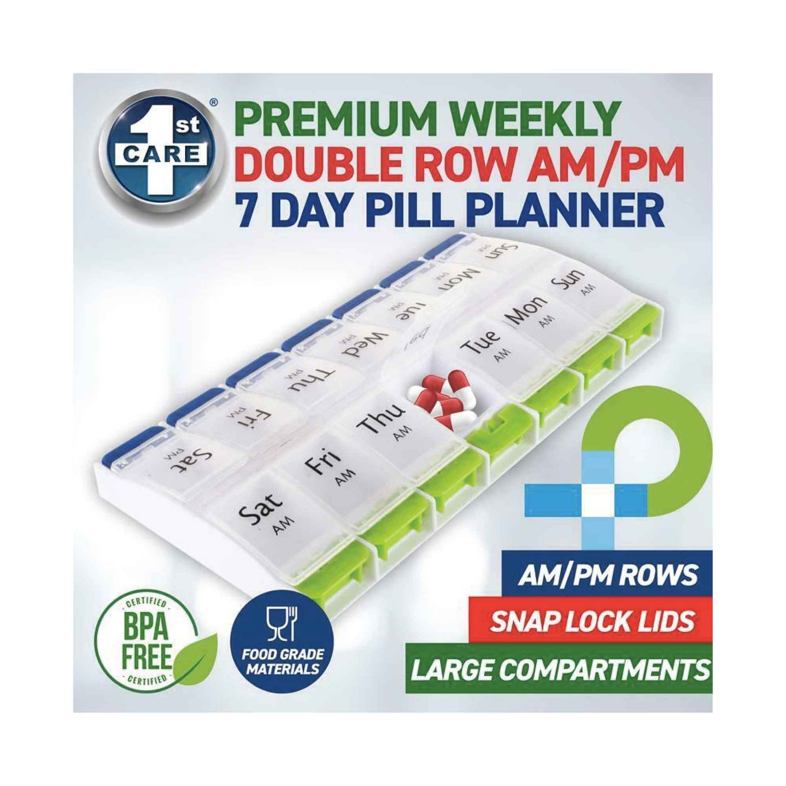 Weekly AM/PM One-Touch Push-button Pill Box comes with 14 individual compartments