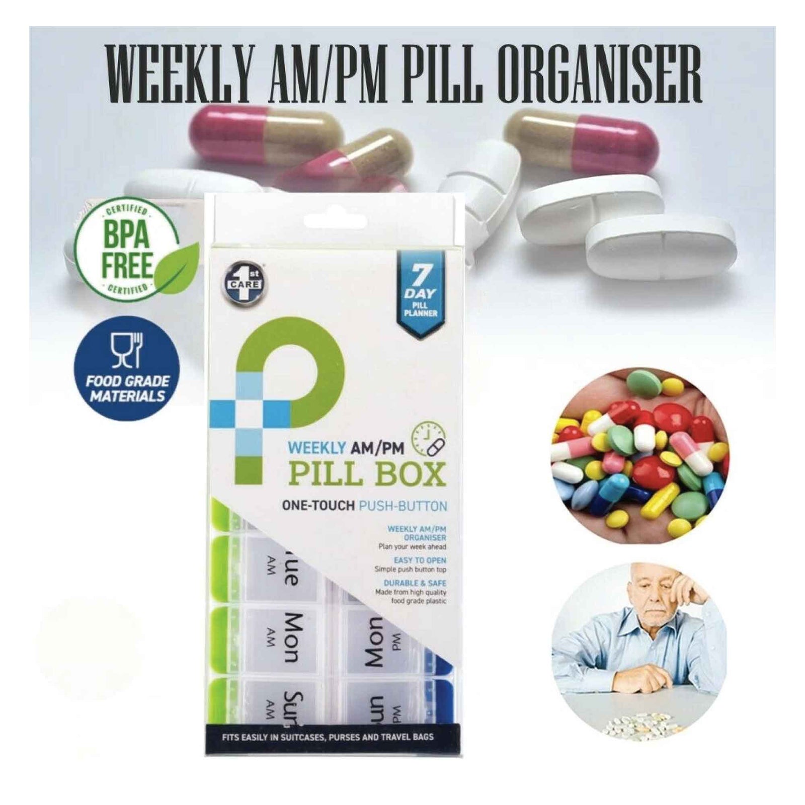 Weekly AM/PM One-Touch Push-button Pill Box comes with 14 individual compartments