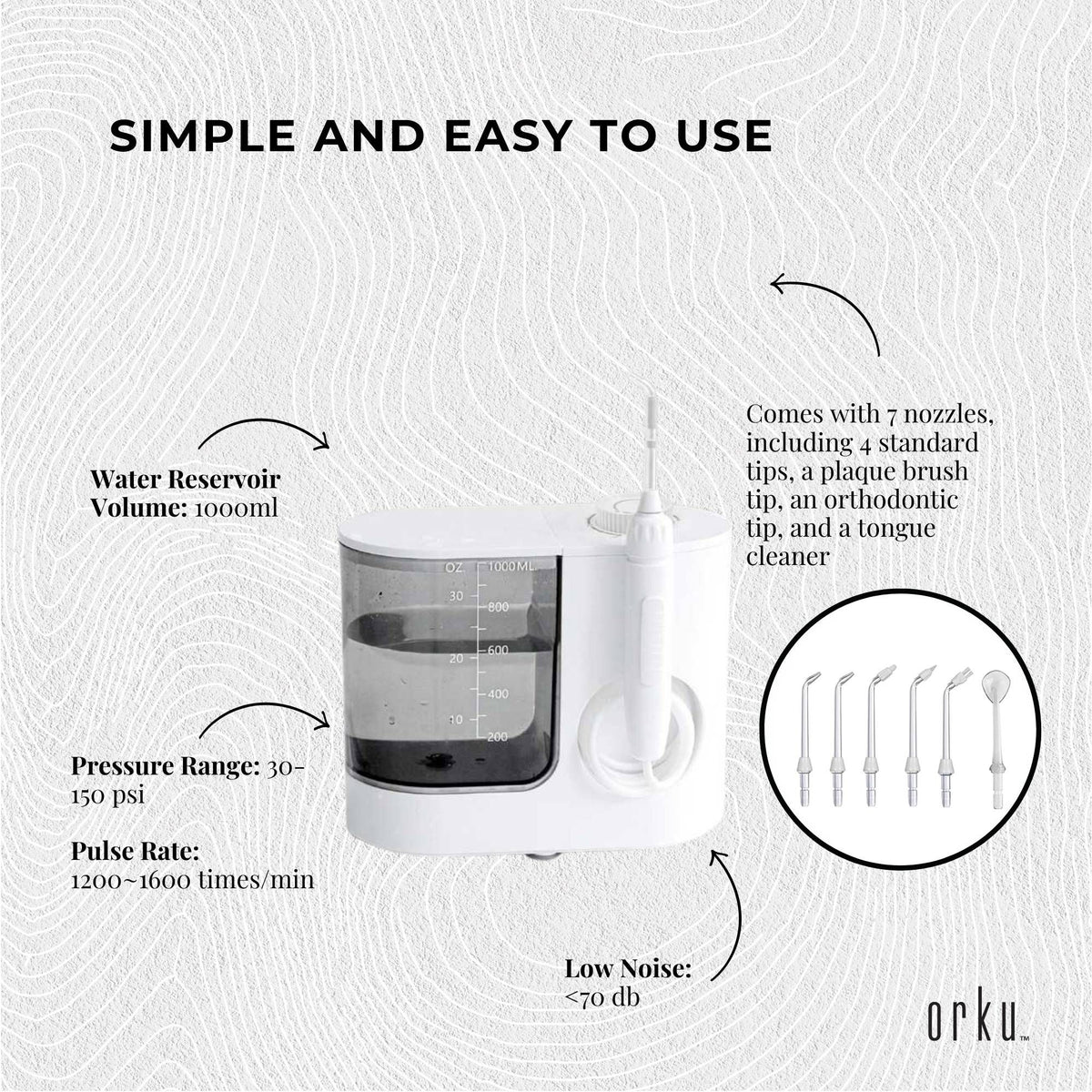 1000ml Water Flosser Electric Oral Irrigator - Stepless Pressure White