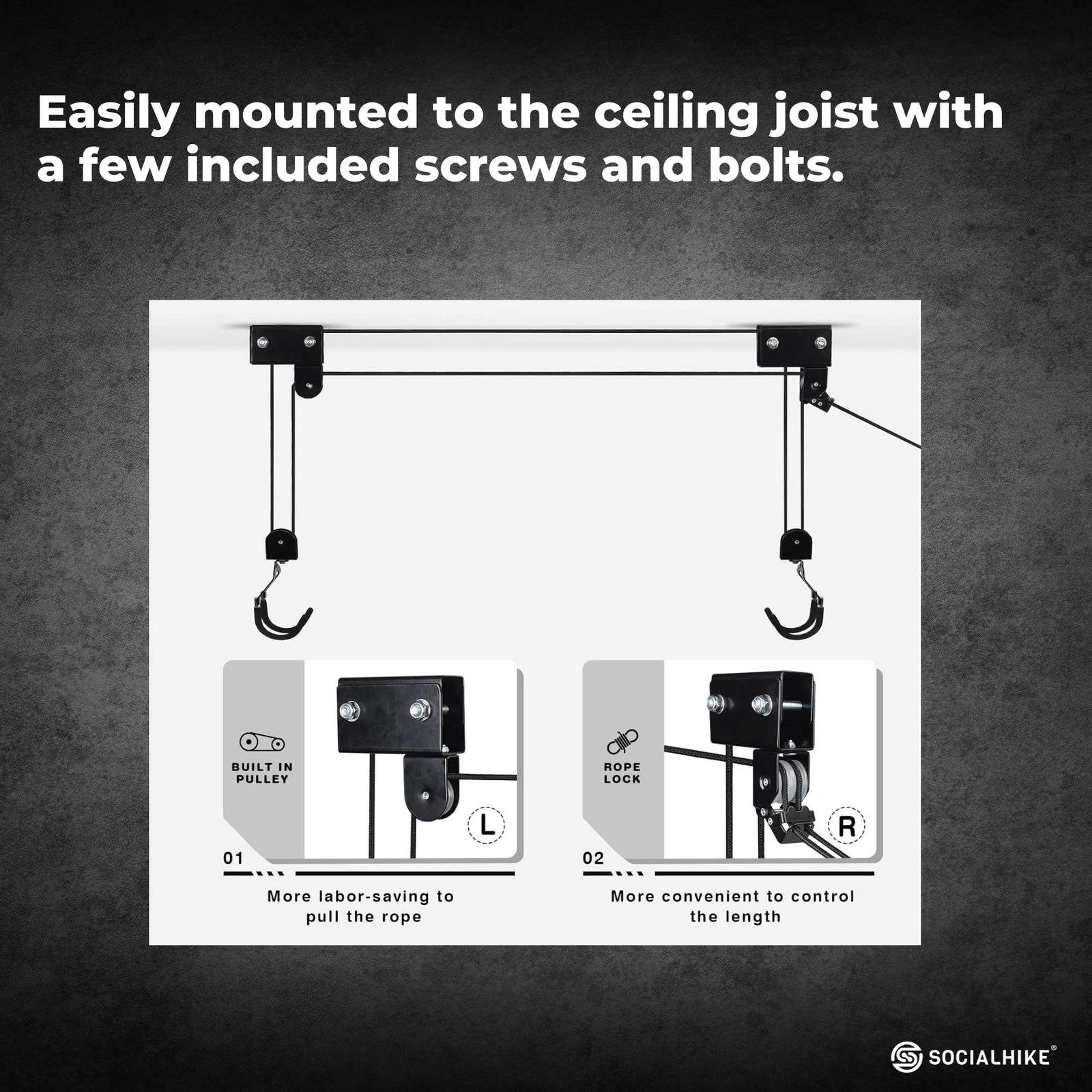 Kayak Hoist - 45kg Garage Ceiling Pulley Lift Storage System Bike Luggage Holder