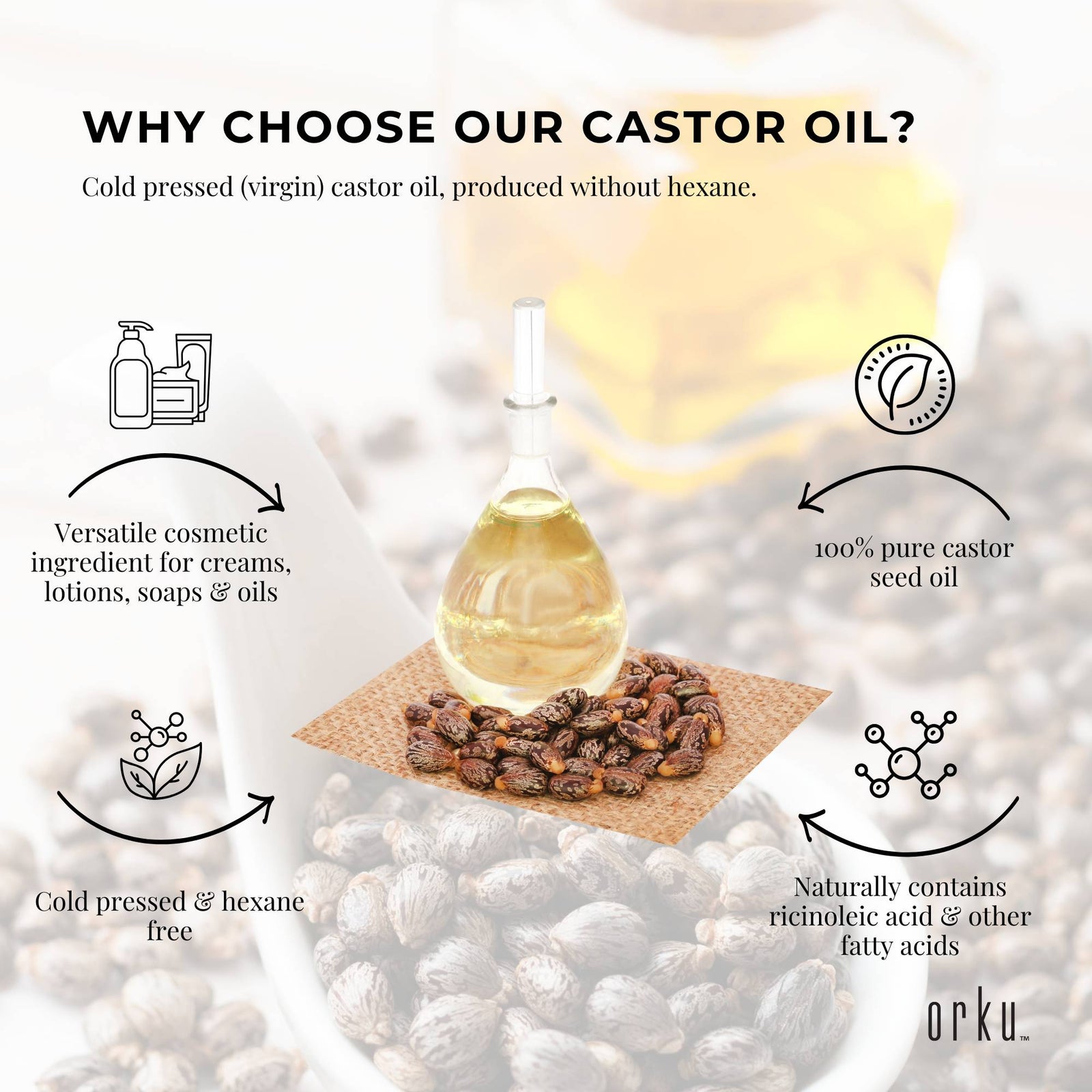 Orku 1L Organic Castor Oil - Hexane Free Cold Pressed