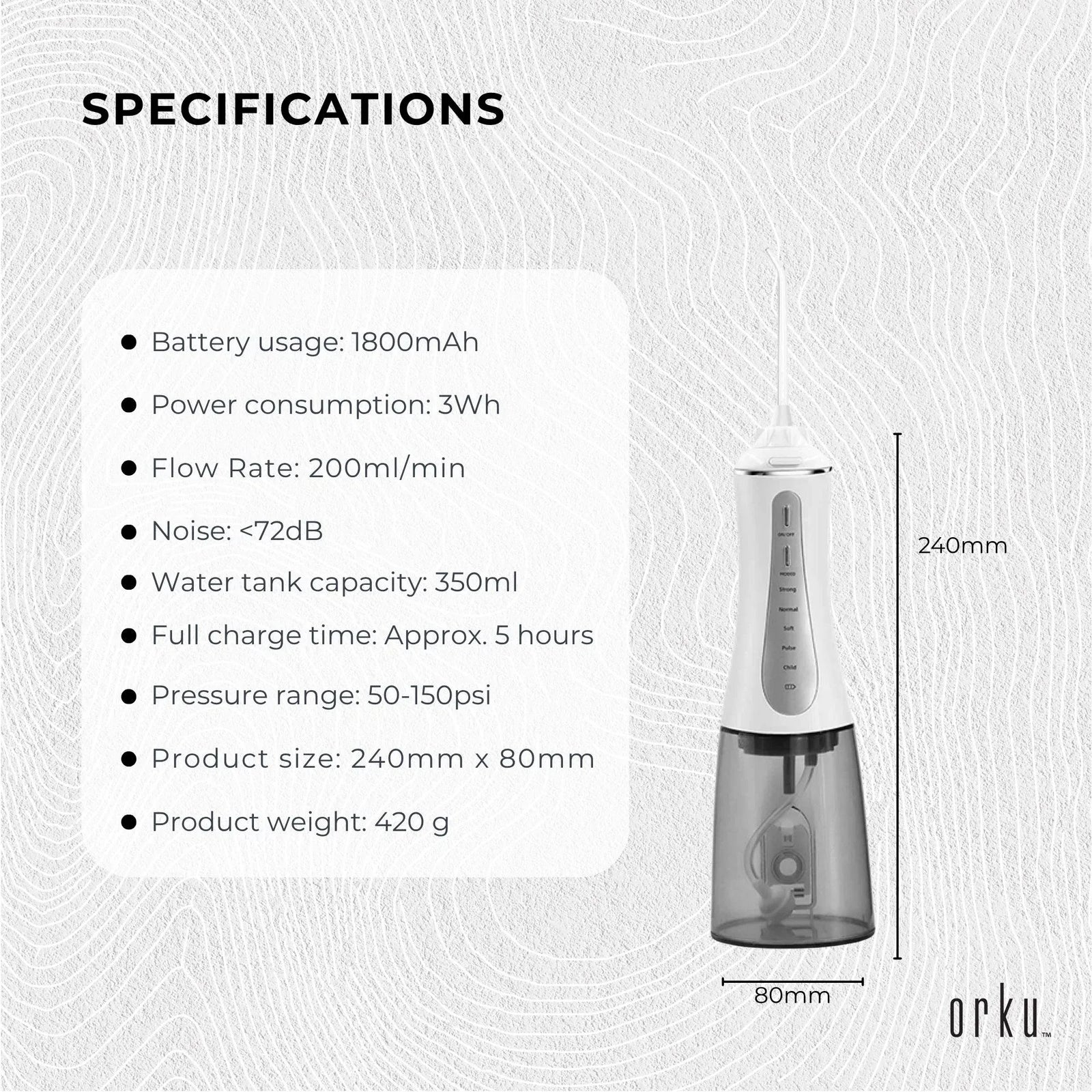 Orku Portable Oral Irrigator Flosser 350ml - Rechargeable Teeth Cleaner