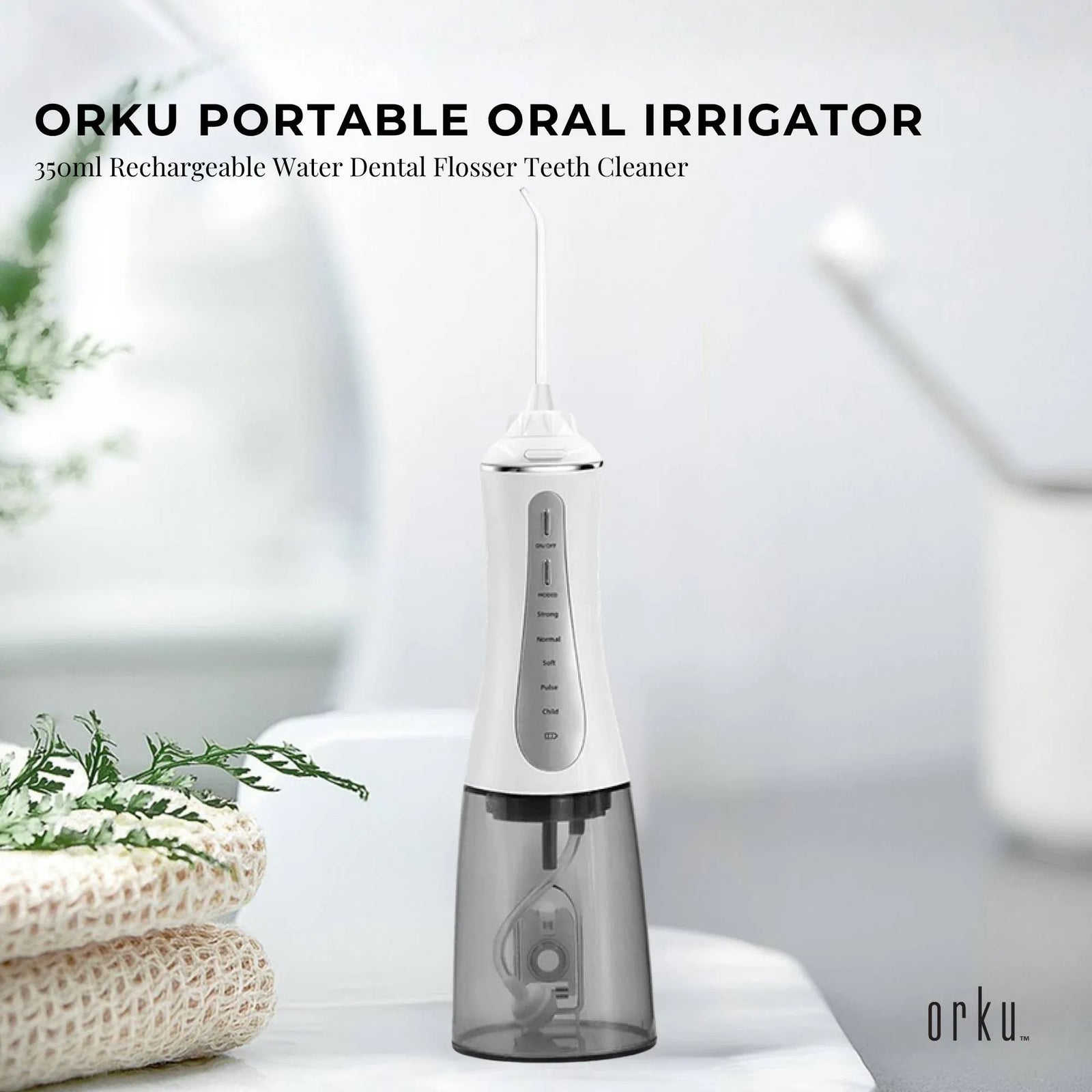 Orku Portable Oral Irrigator Flosser 350ml - Rechargeable Teeth Cleaner
