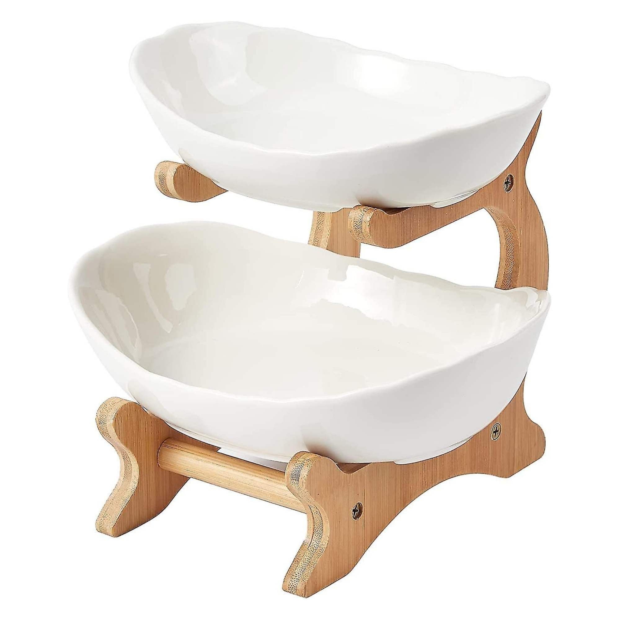 2 Tier Porcelain Fruit Bowl - Ceramic Vegetable Storage With Bamboo Stand