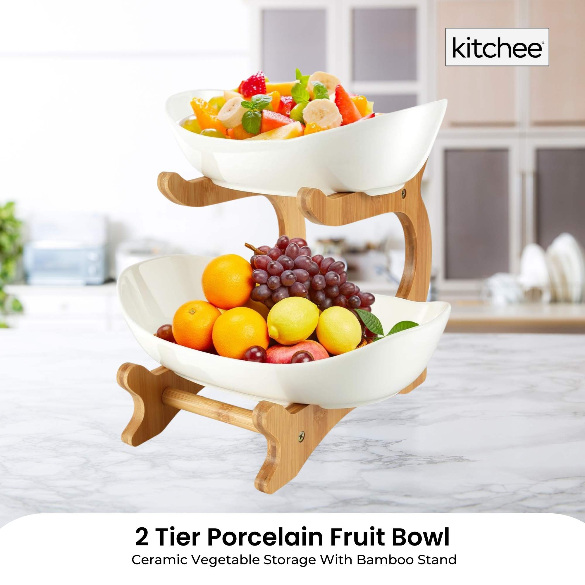 2 Tier Porcelain Fruit Bowl - Ceramic Vegetable Storage With Bamboo Stand