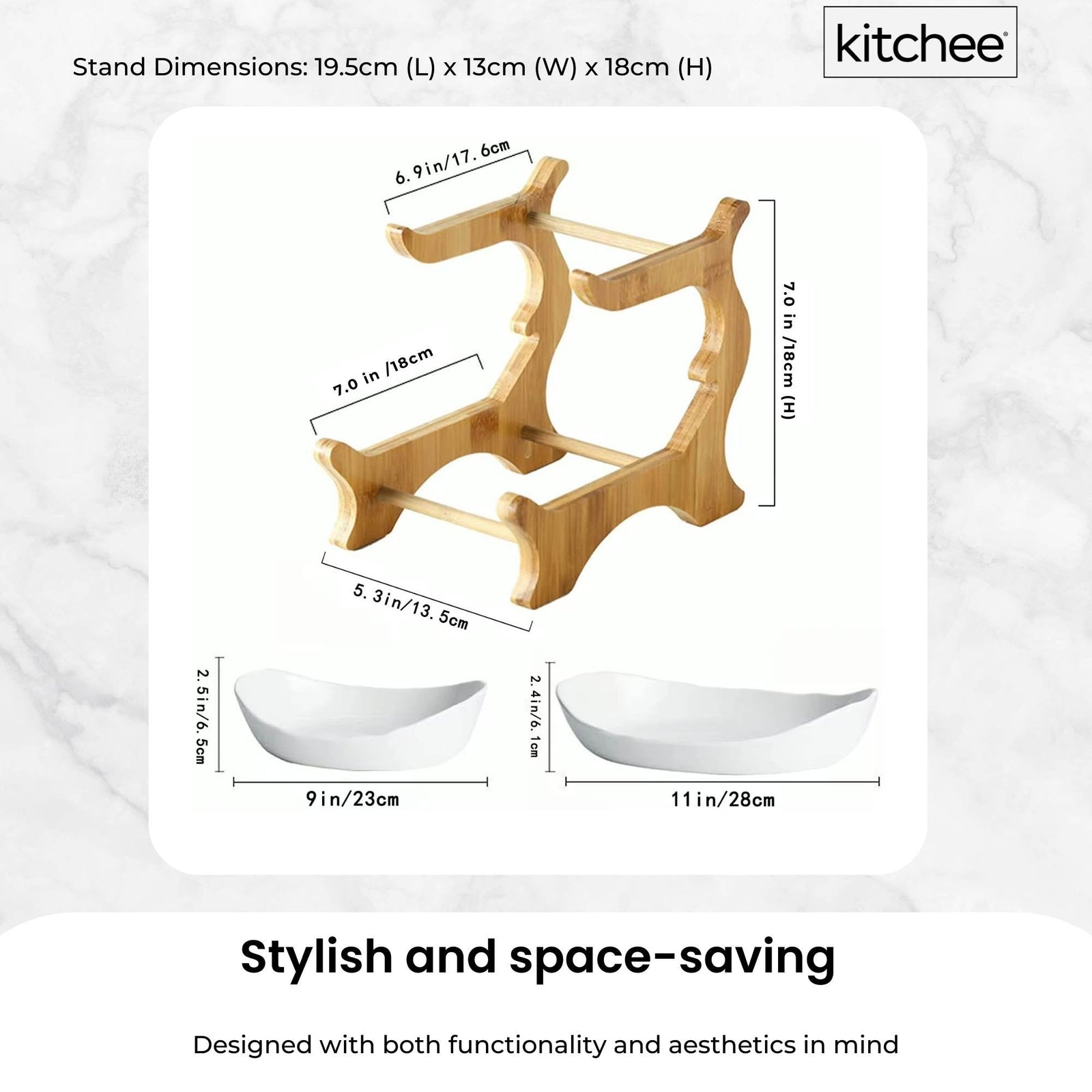 2 Tier Porcelain Fruit Bowl - Ceramic Vegetable Storage With Bamboo Stand
