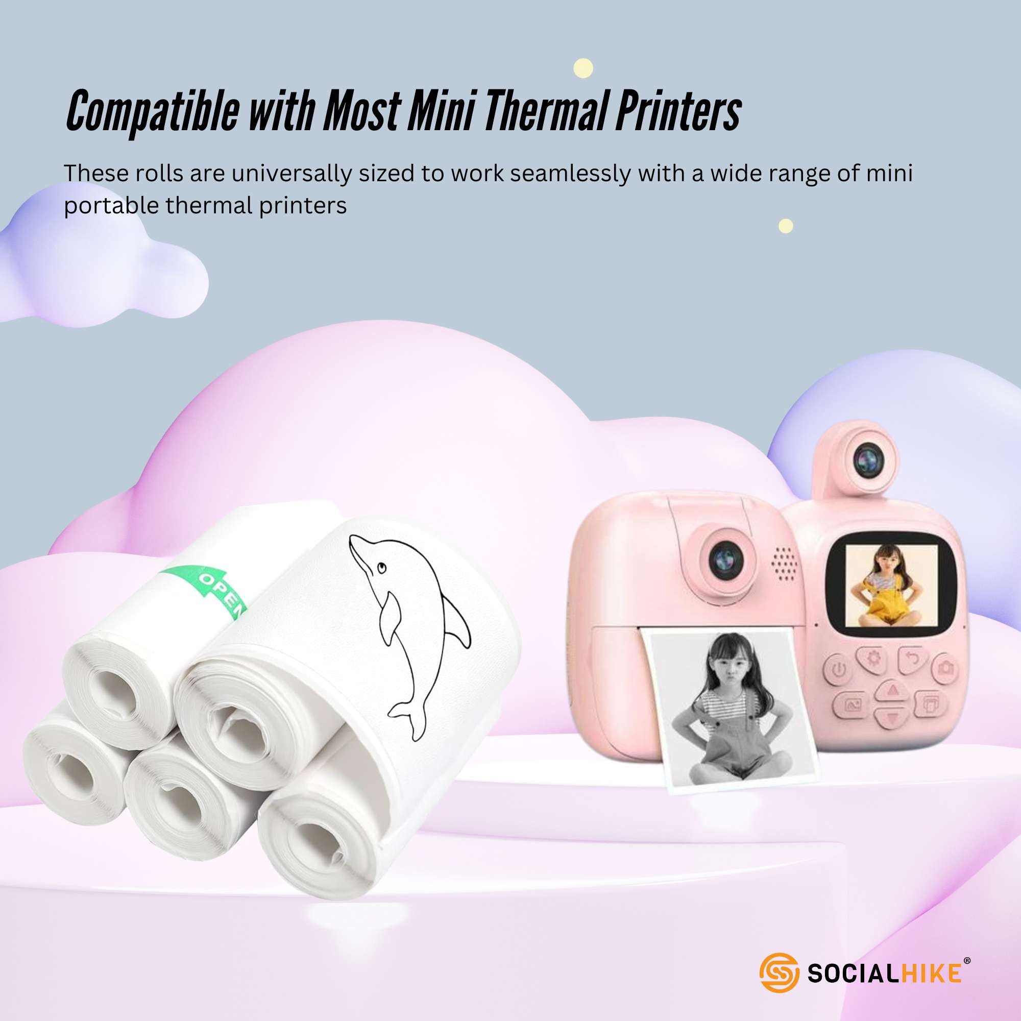 Social Hike 5 Pack Thermal Paper Camera Rolls Sticker - Instant Print Refill