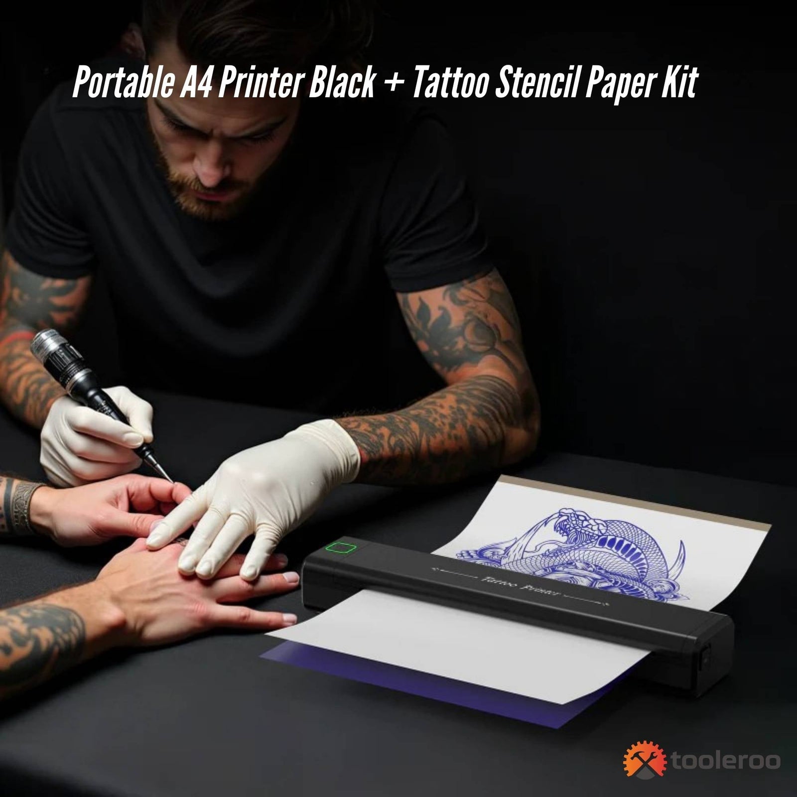 Portable A4 Thermal Printer Black + Tattoo Stencil Paper - Wireless