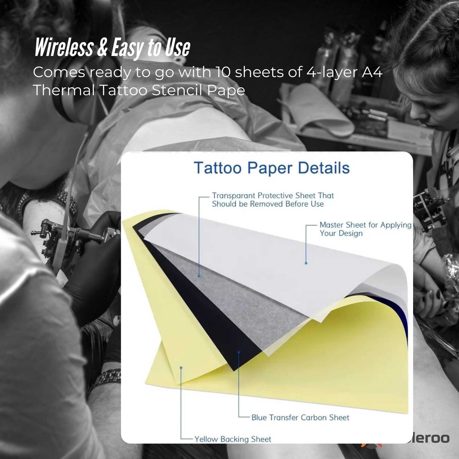 Portable A4 Thermal Printer Black + Tattoo Stencil Paper - Wireless