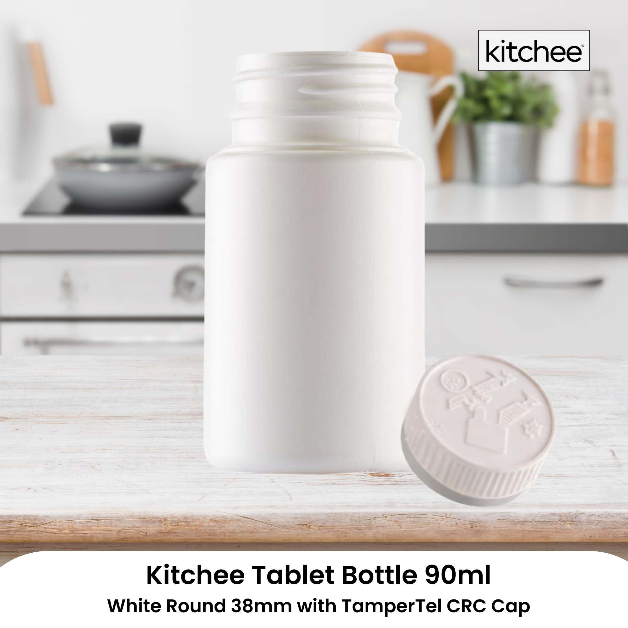 10x Tablet Bottles 90ml + 38mm TamperTel Child Resistant Cap - Round
