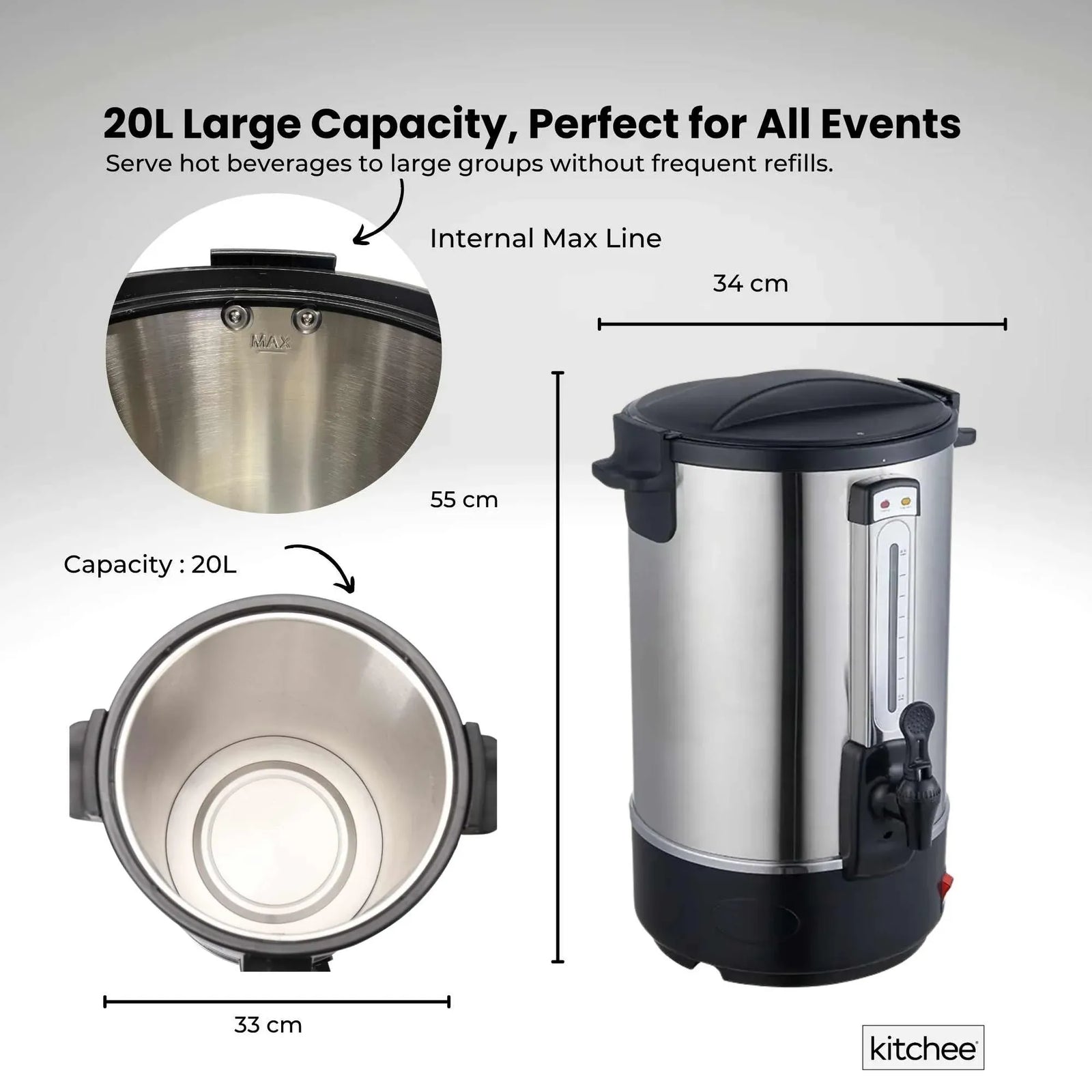 Kitchee 20L Electric Water Boiler Stainless Steel Commercial Urn