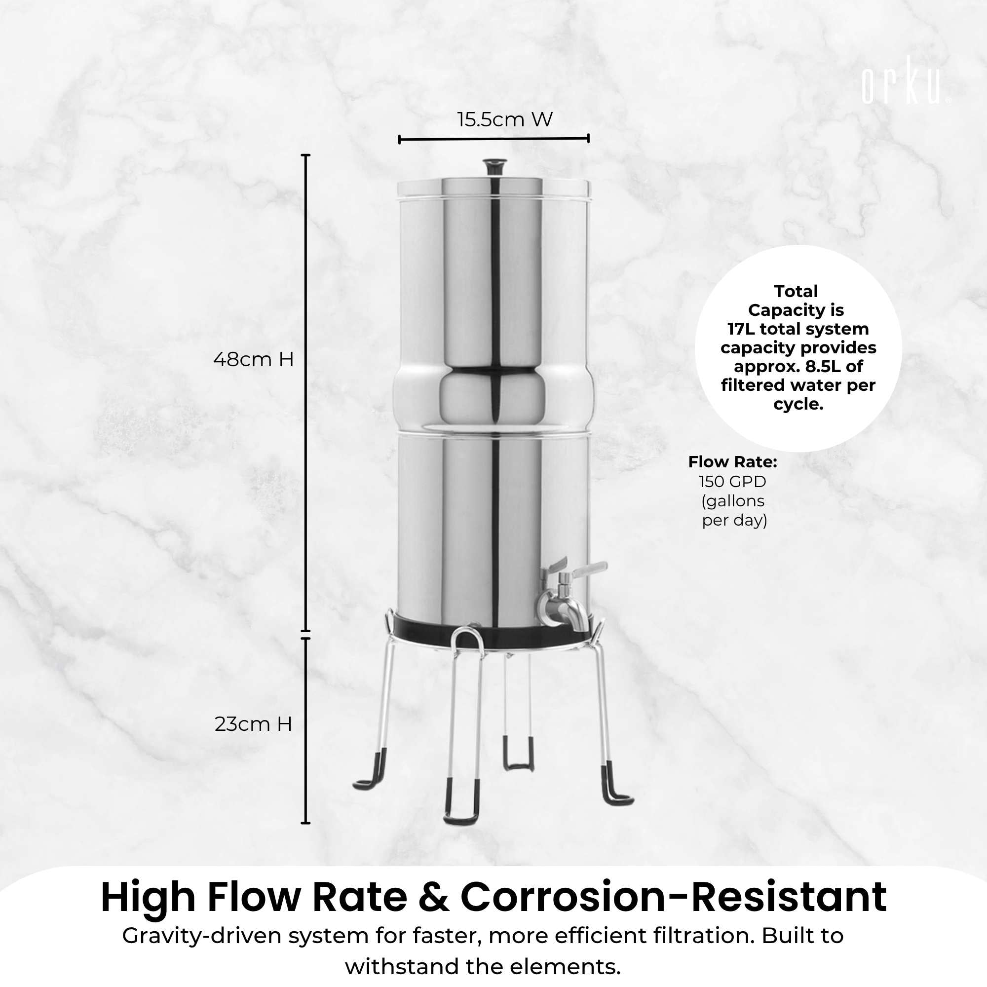 17L Stainless Steel Gravity Water Filter, 2-Stage NSF Certified Unit