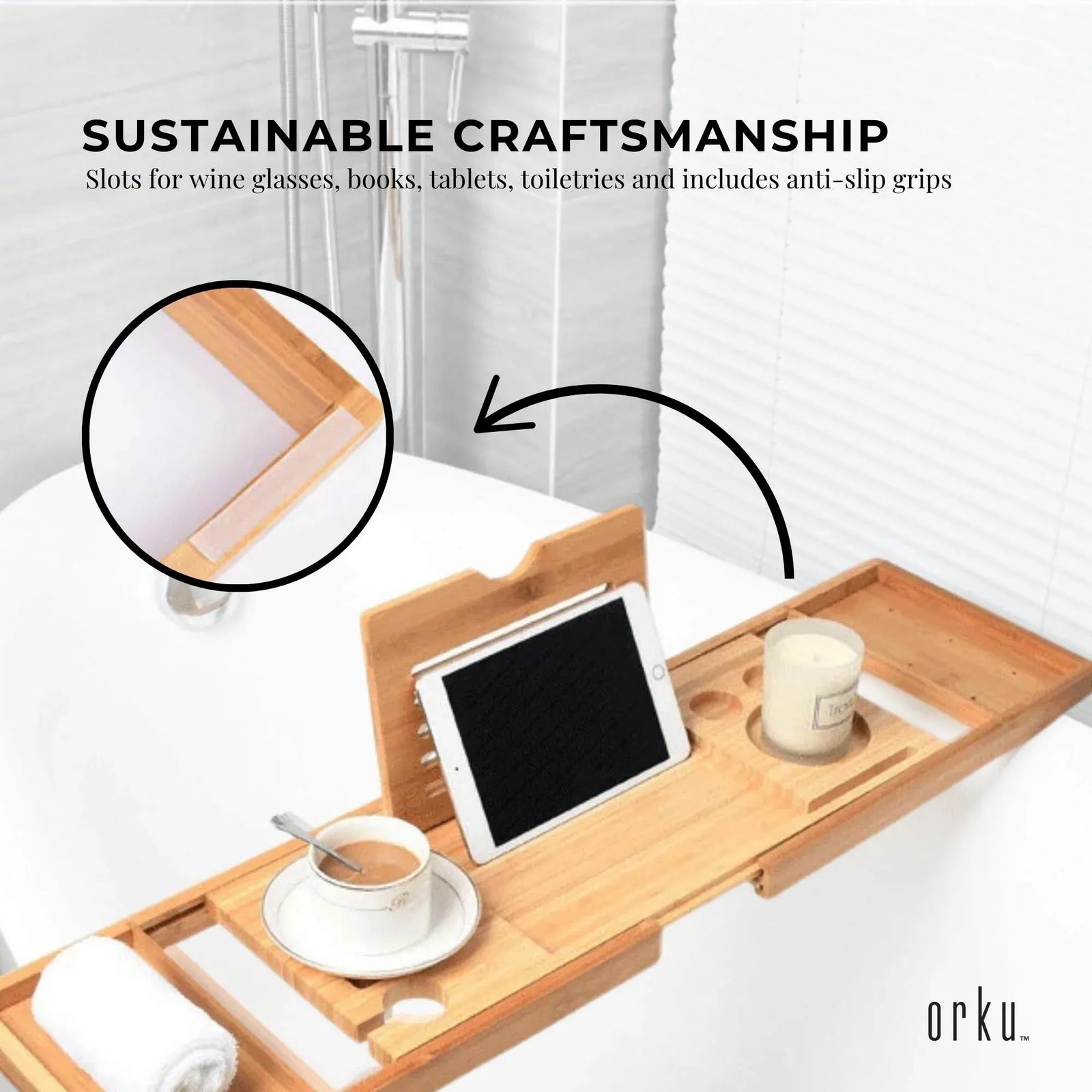 Bamboo Bath Tray Caddy Adjustable - Spa Book Wine + Accessories Holder