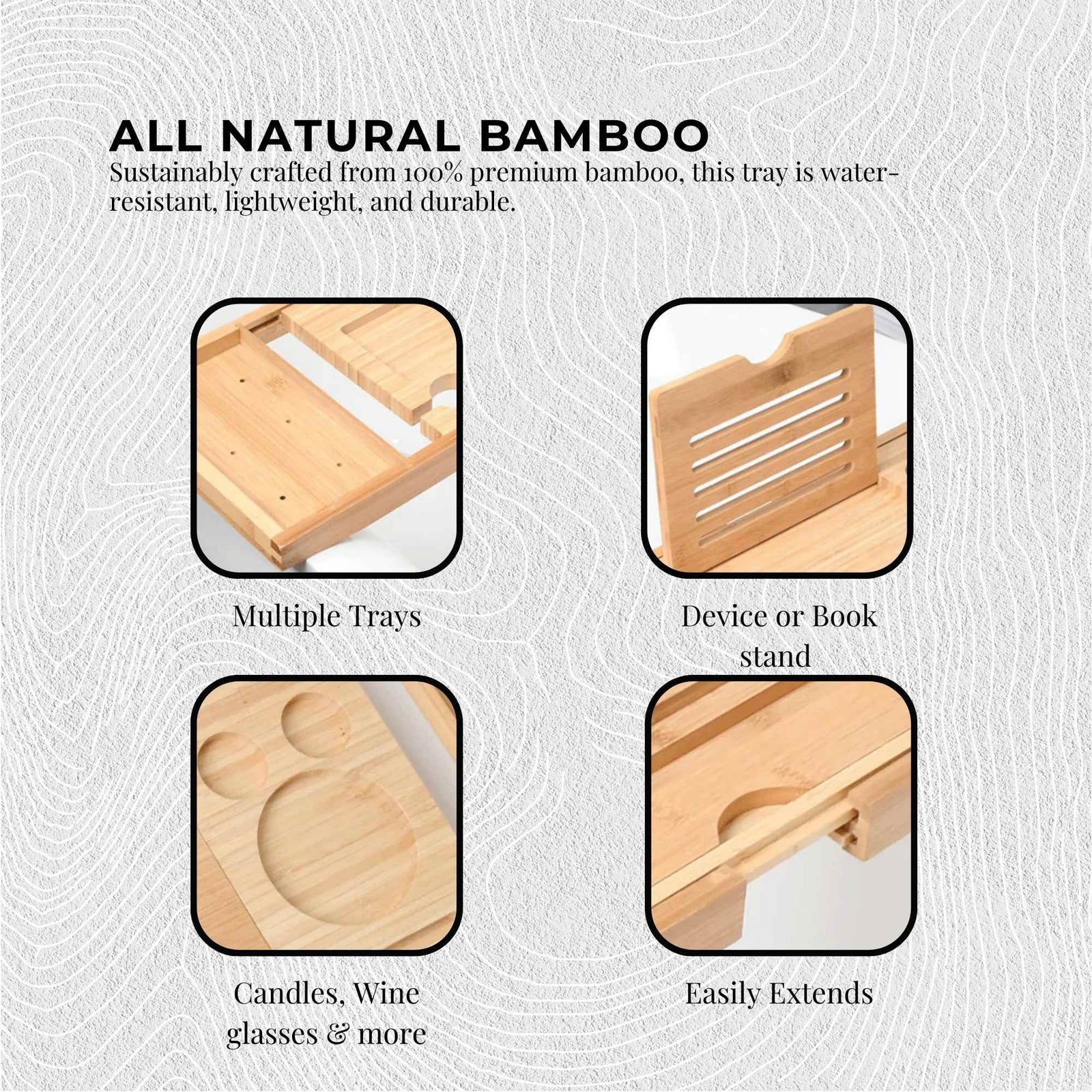 Bamboo Bath Tray Caddy Adjustable - Spa Book Wine + Accessories Holder