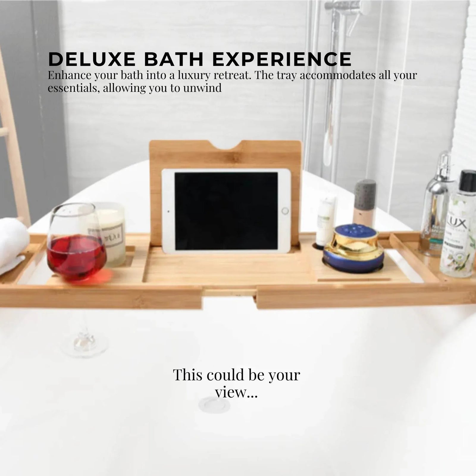 Bamboo Bath Tray Caddy Adjustable - Spa Book Wine + Accessories Holder