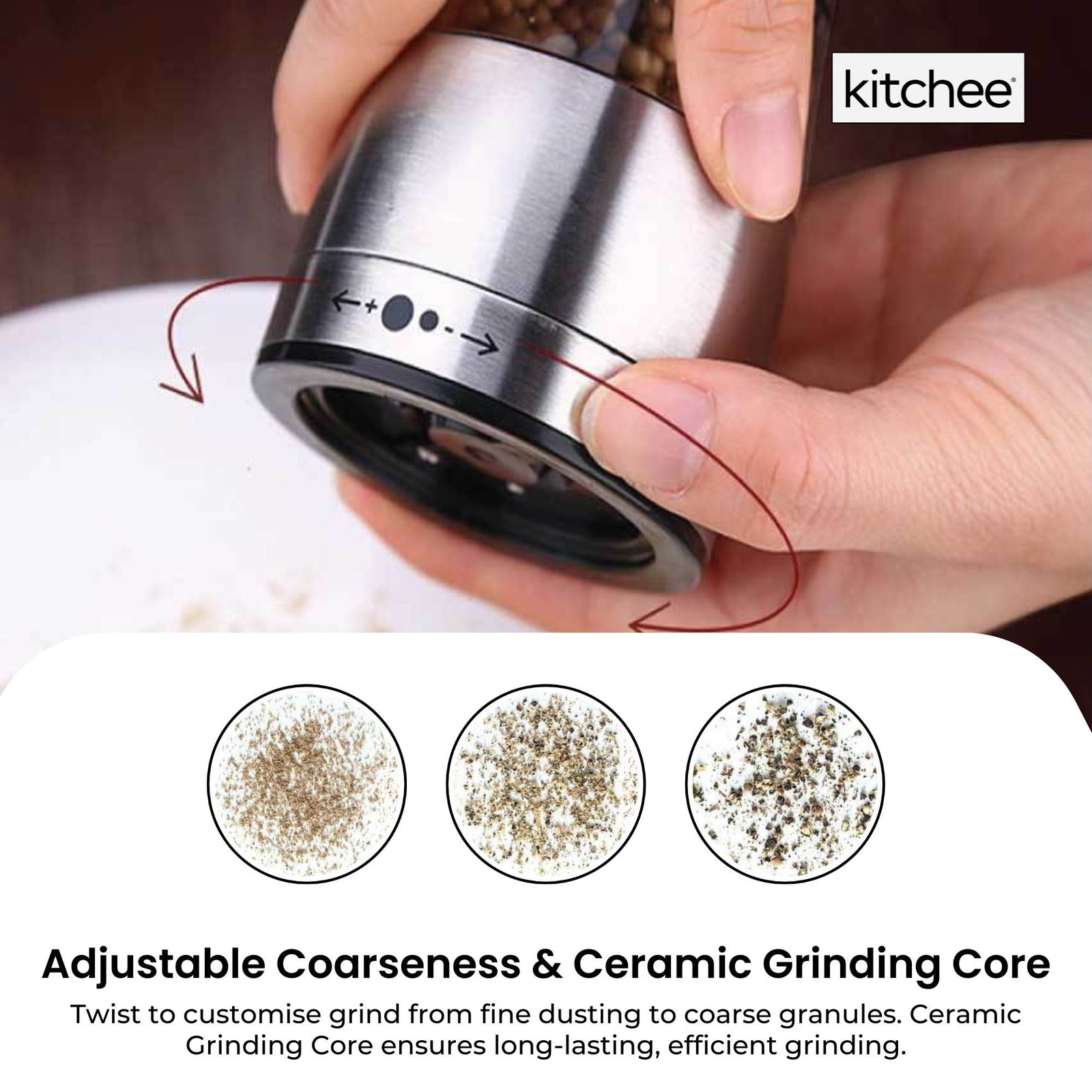 Stainless Steel Salt Pepper Spice Grinder Mill - Adjustable Coarseness