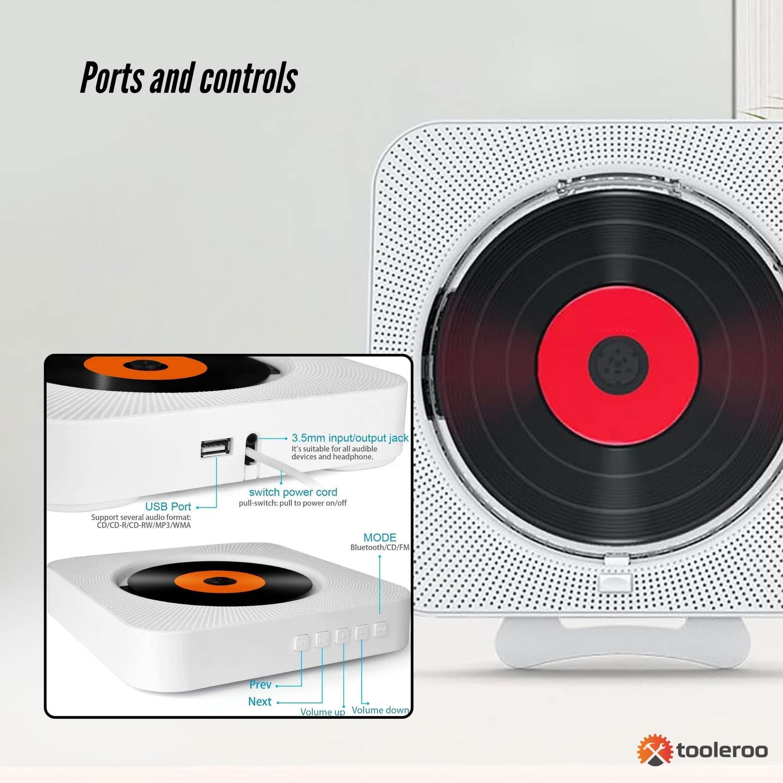 Wall Mountable CD Player Speaker - Bluetooth HiFi FM Radio White