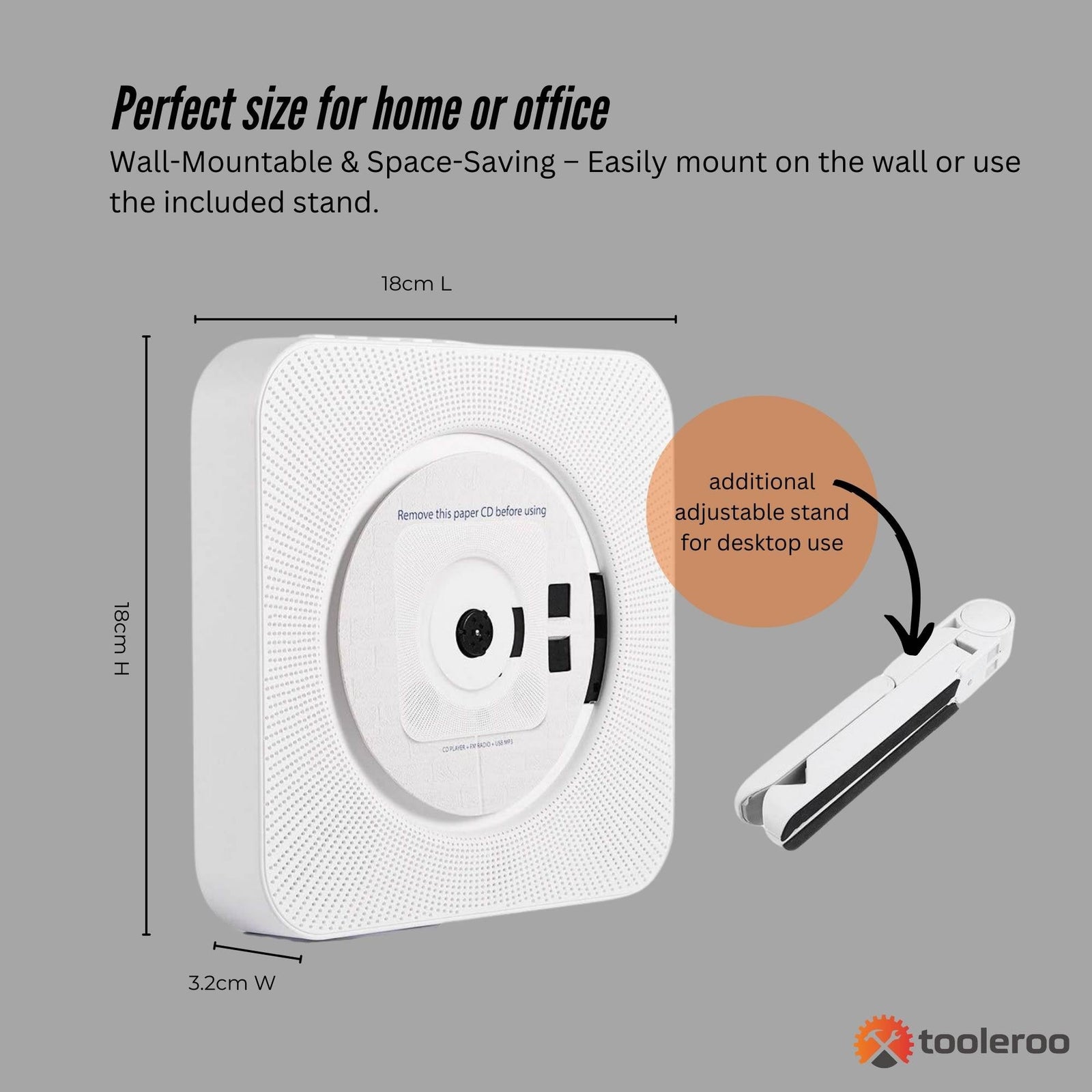 Wall Mountable CD Player Speaker - Bluetooth HiFi FM Radio White