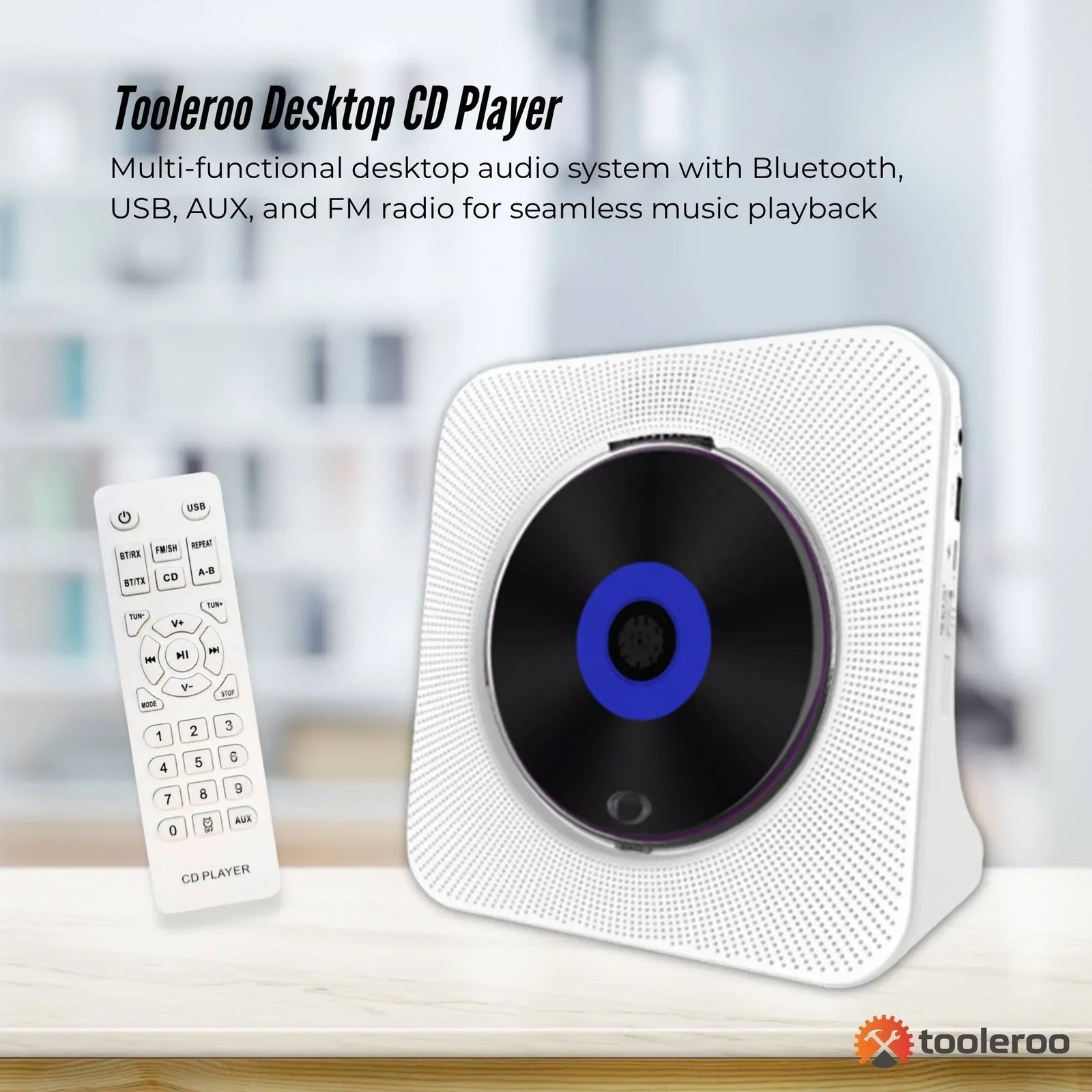 USB Rechargeable Desktop CD Player Speaker – Bluetooth Portable White