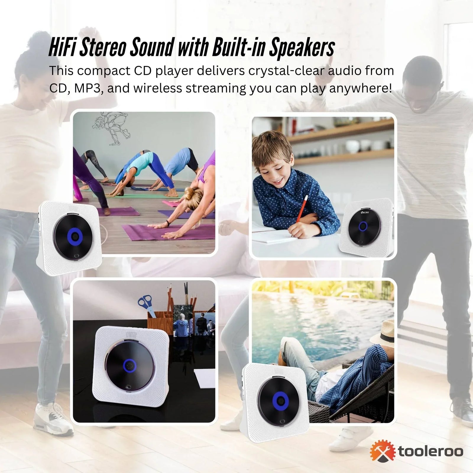 USB Rechargeable Desktop CD Player Speaker – Bluetooth Portable White