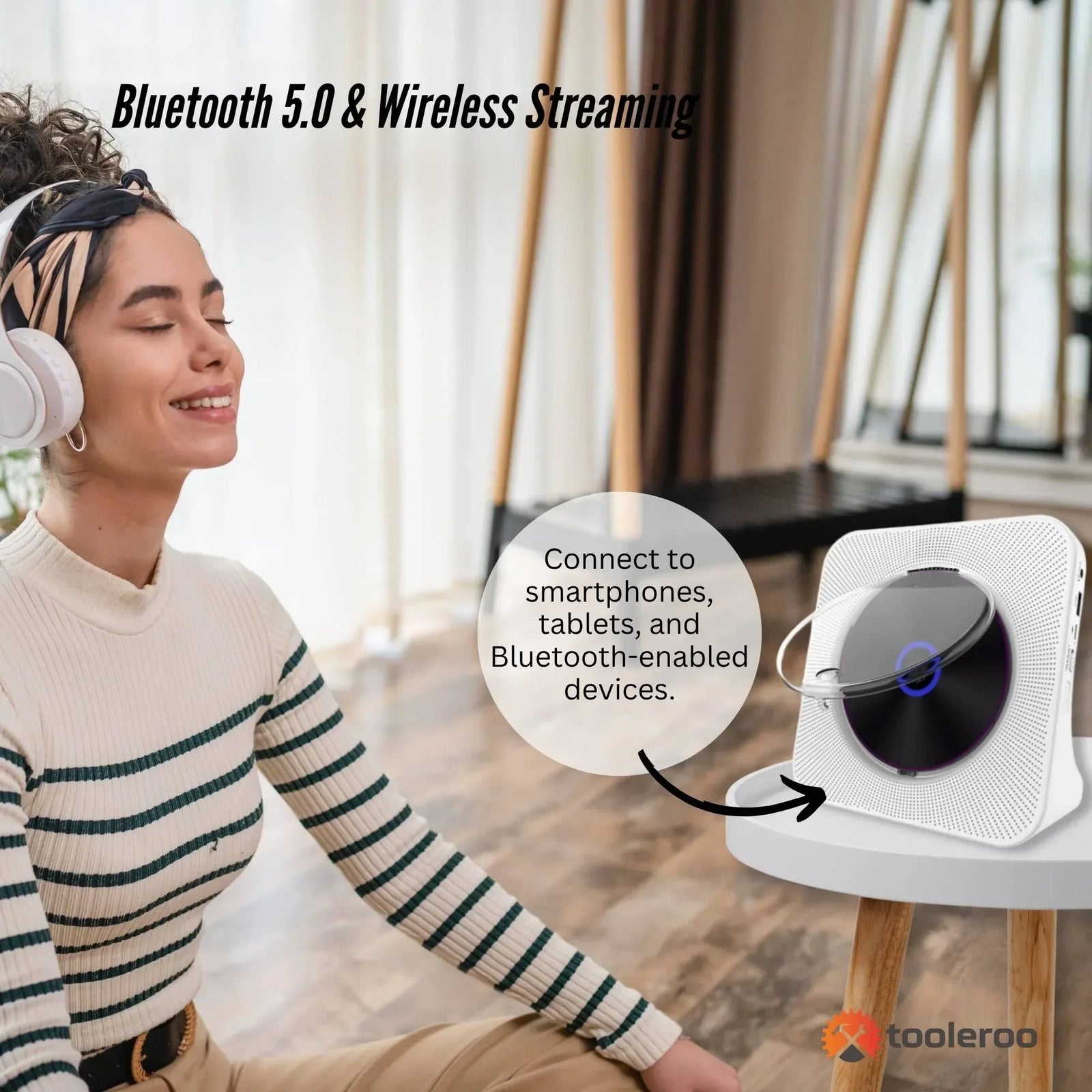 USB Rechargeable Desktop CD Player Speaker – Bluetooth Portable White