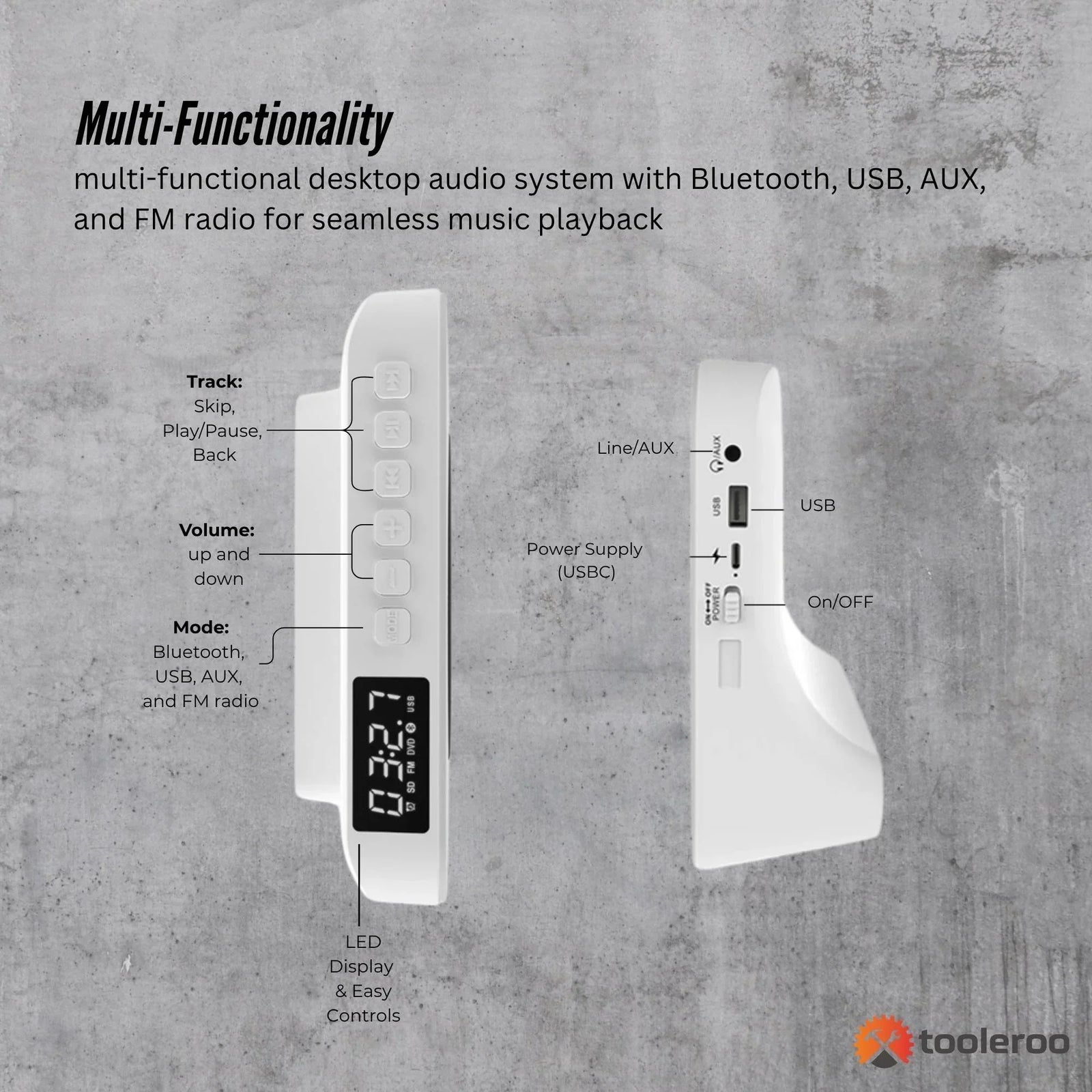 USB Rechargeable Desktop CD Player Speaker – Bluetooth Portable White