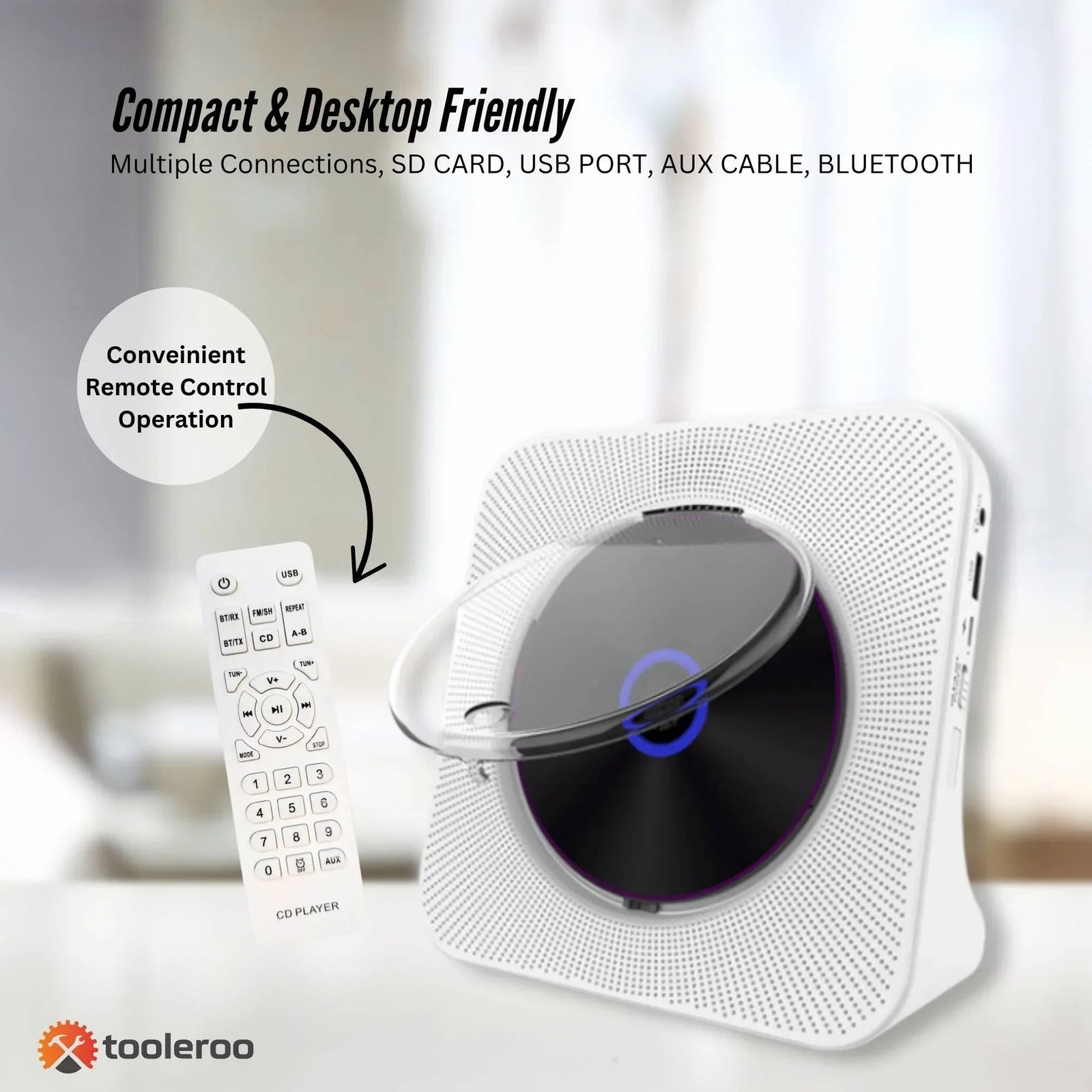 USB Rechargeable Desktop CD Player Speaker – Bluetooth Portable White