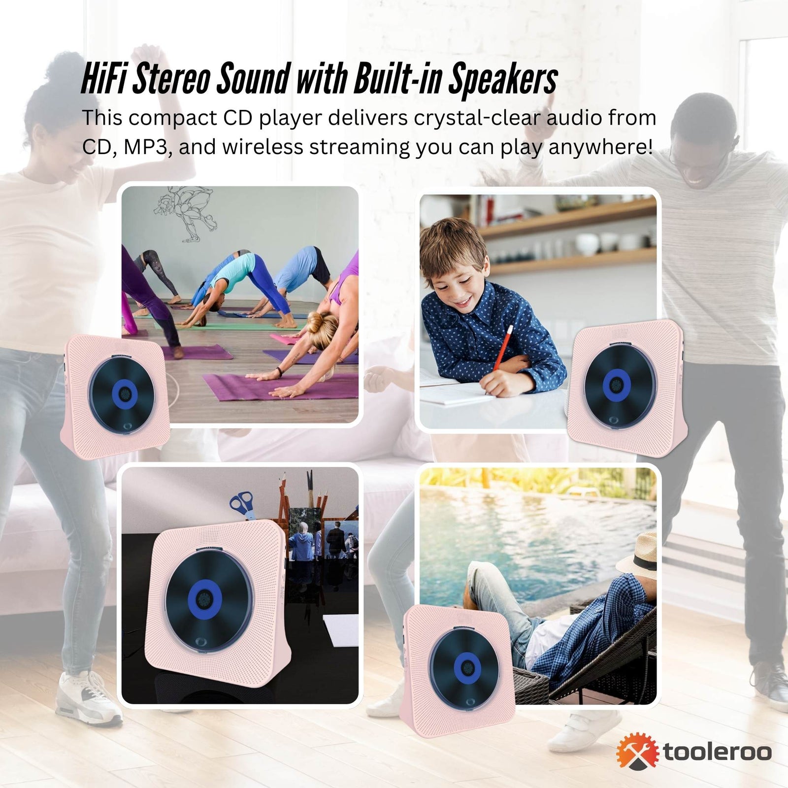 USB Rechargeable Desktop CD Player Speaker – Bluetooth Portable Pink