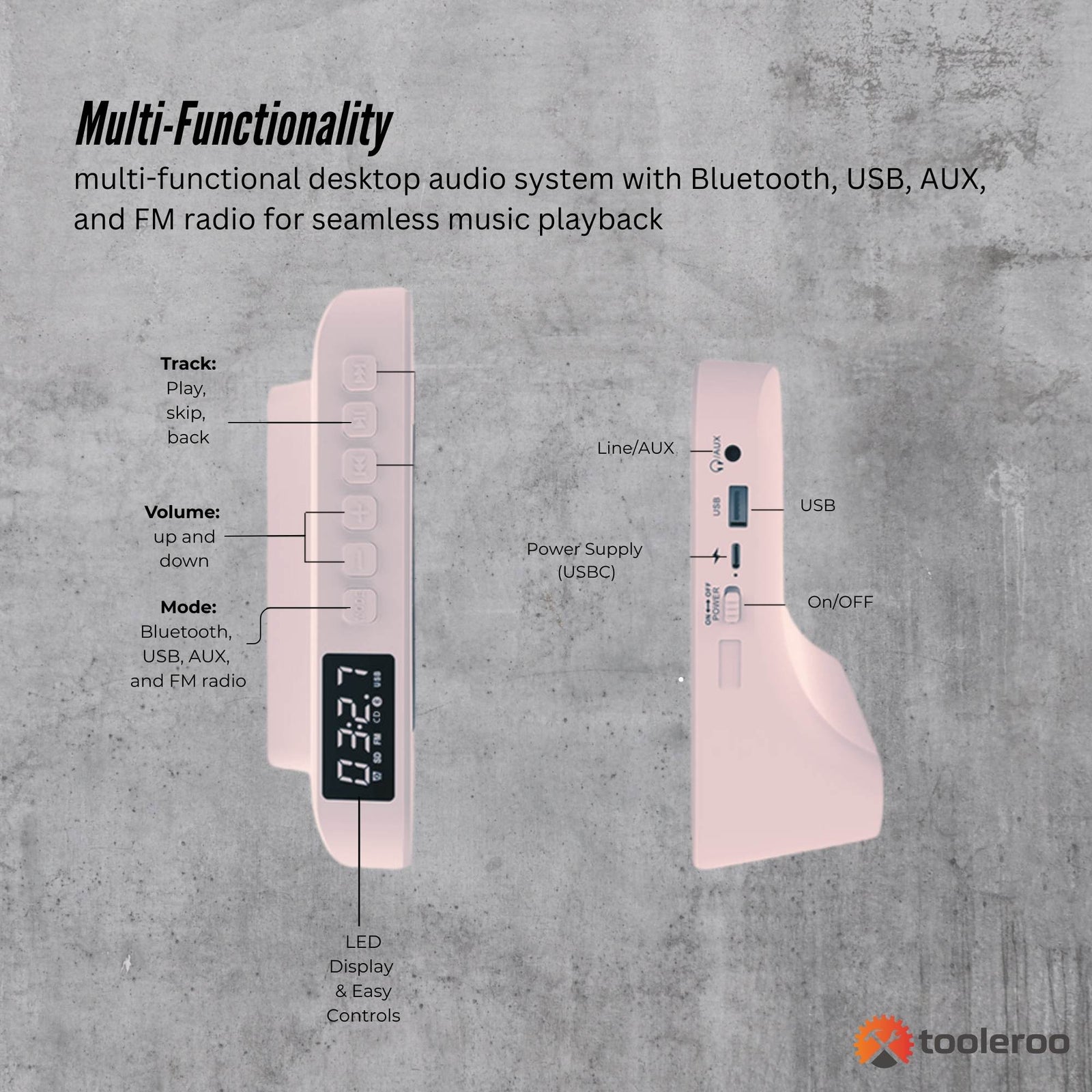 USB Rechargeable Desktop CD Player Speaker – Bluetooth Portable Pink