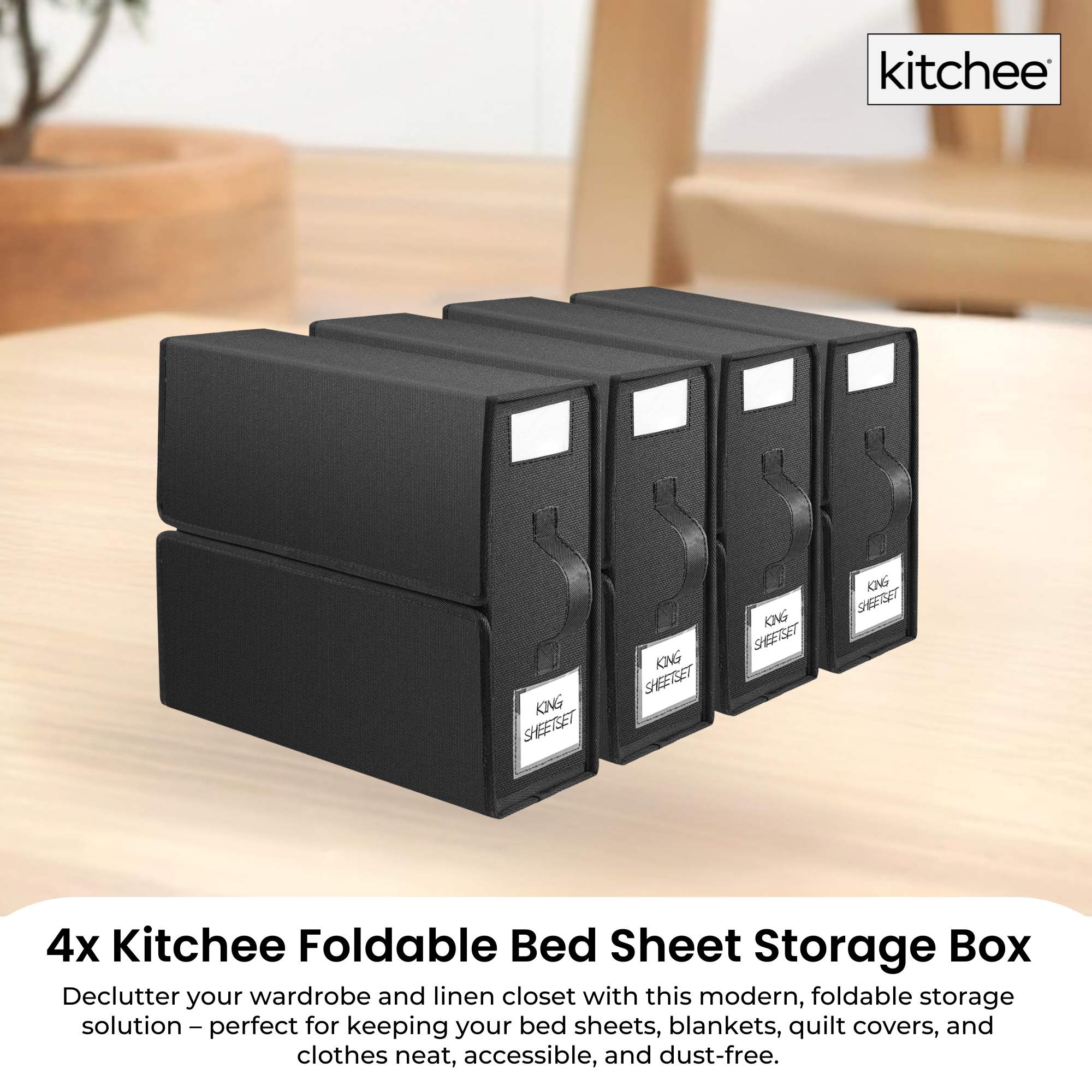 4x Kitchee Foldable Bed Sheet Storage Box - Linen and Closet Organiser Black